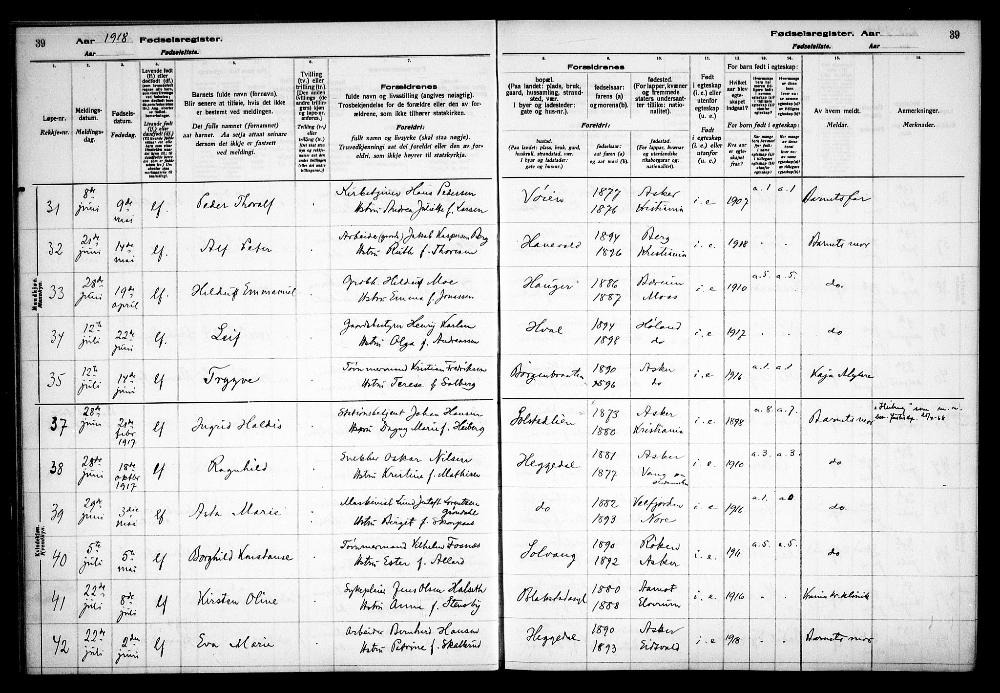 Asker prestekontor Kirkebøker, AV/SAO-A-10256a/J/L0001: Fødselsregister nr. 1, 1916-1925, s. 39