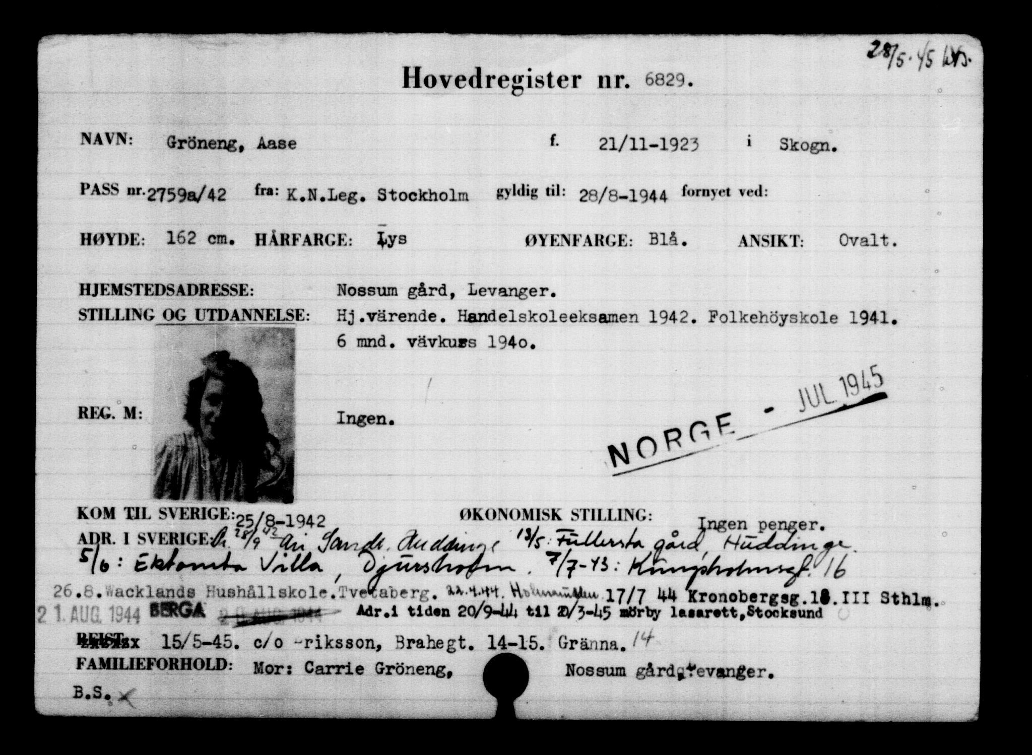 Utenriksstasjonene, Legasjonen i Stockholm, Flyktningkontoret, AV/RA-S-6753/V/Va/L0005: Kjesäterkartoteket, flyktning nr. 6600-9417, 1940-1945, s. 276