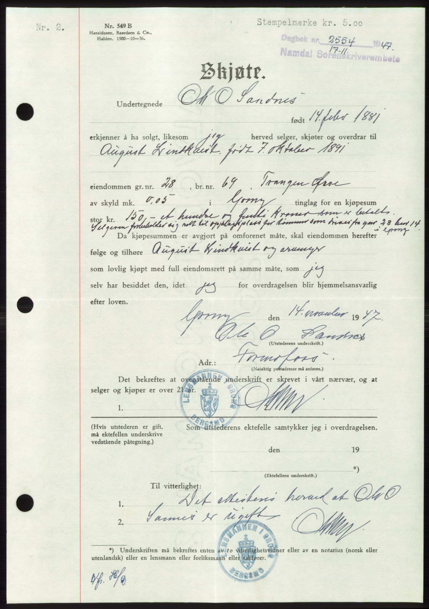 Namdal sorenskriveri, SAT/A-4133/1/2/2C: Pantebok nr. -, 1947-1948, Dagboknr: 2554/1947