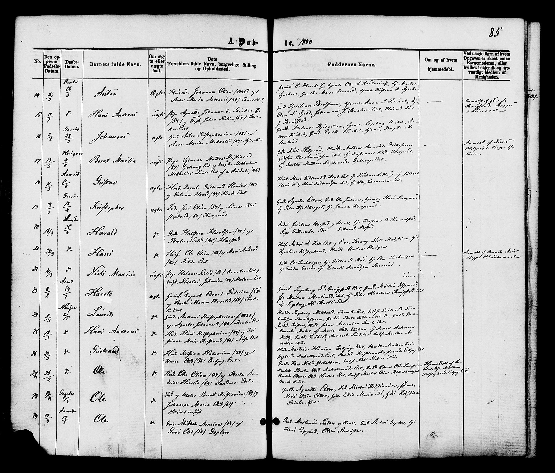 Nordre Land prestekontor, AV/SAH-PREST-124/H/Ha/Haa/L0002: Ministerialbok nr. 2, 1872-1881, s. 85