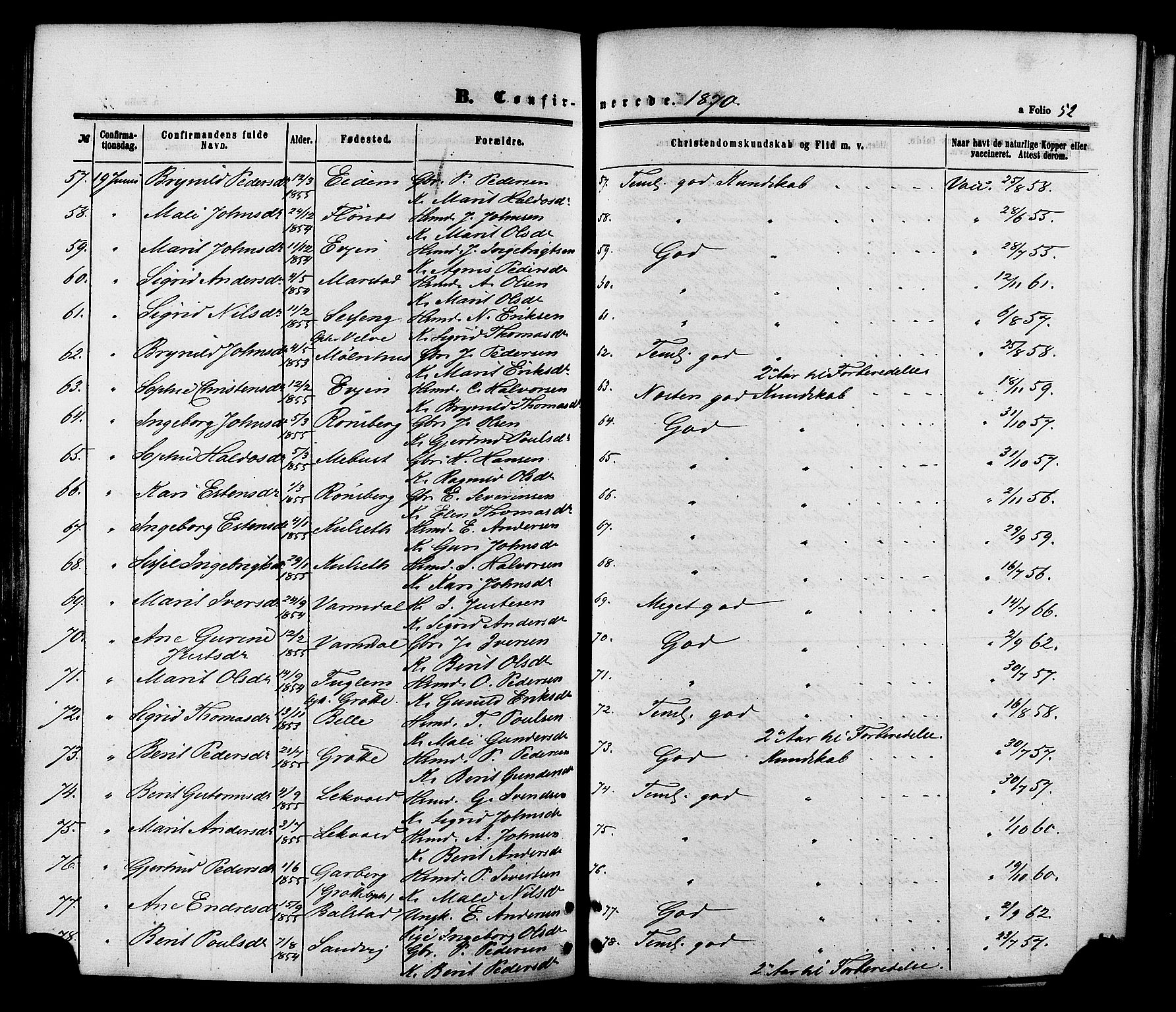 Ministerialprotokoller, klokkerbøker og fødselsregistre - Sør-Trøndelag, SAT/A-1456/695/L1147: Ministerialbok nr. 695A07, 1860-1877, s. 52
