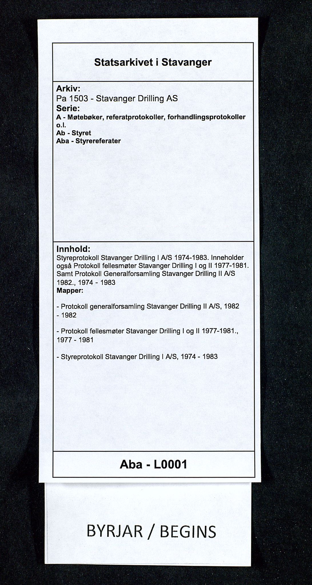 Pa 1503 - Stavanger Drilling AS, SAST/A-101906/A/Ab/Aba/L0001: Styreprotokoll Stavanger Drilling I A/S 1974-1983. Inneholder også Protokoll fellesmøter Stavanger Drilling I og II 1977-1981. Samt Protokoll Generalforsamling Stavanger Drilling II A/S 1982., 1974-1983, s. 1