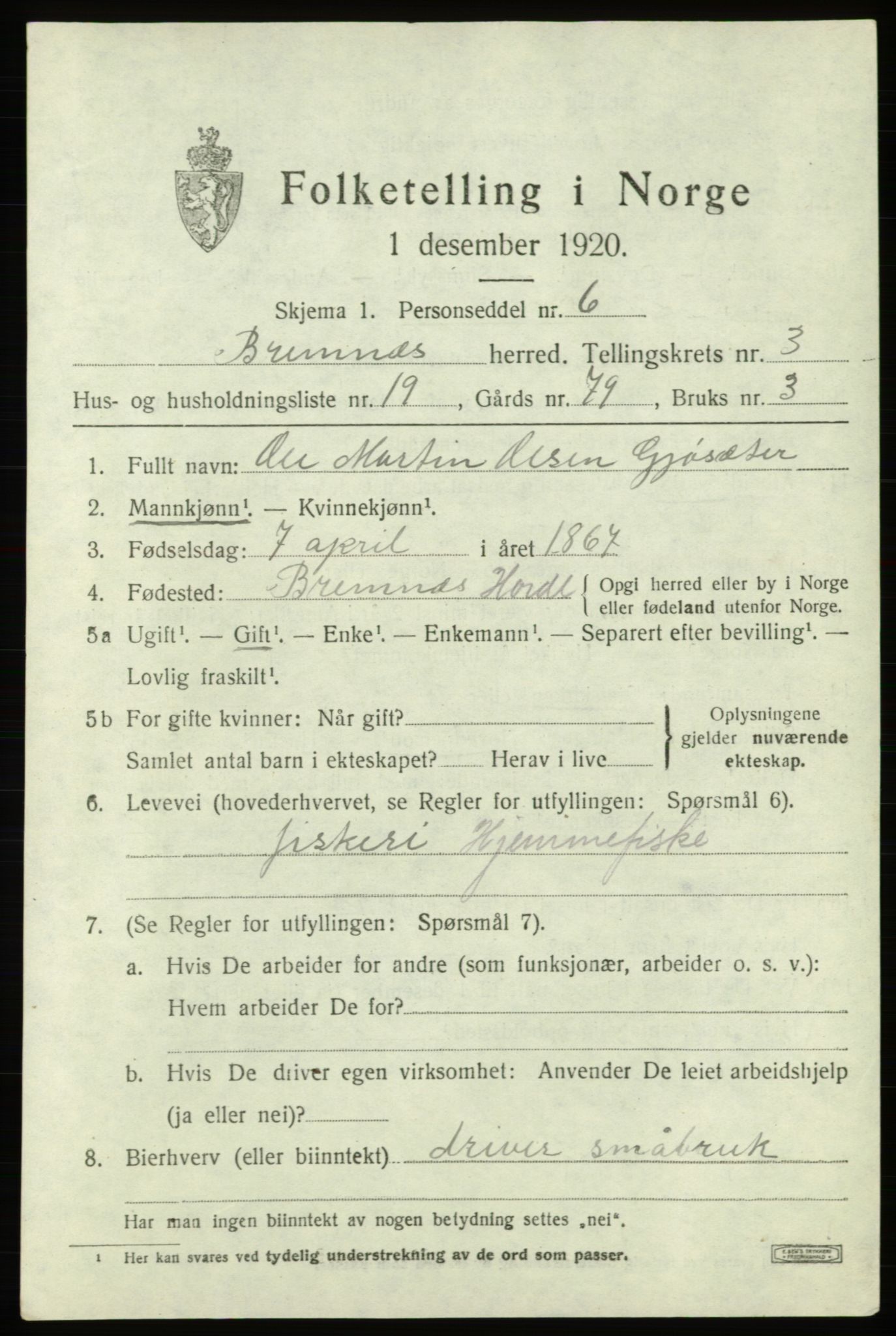 SAB, Folketelling 1920 for 1220 Bremnes herred, 1920, s. 1798