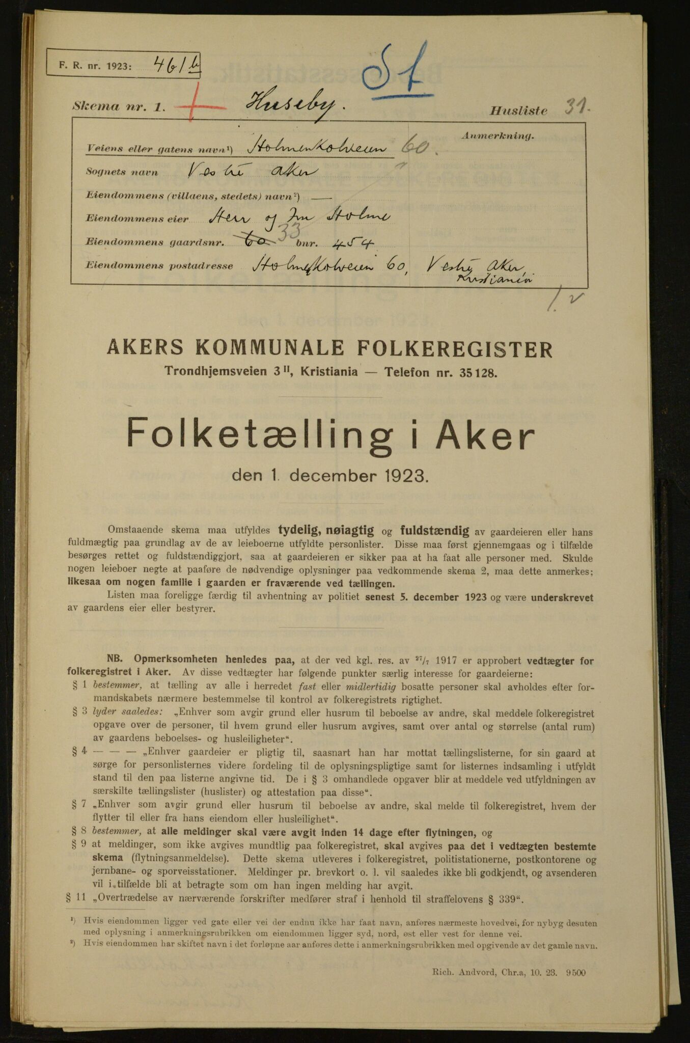 , Kommunal folketelling 1.12.1923 for Aker, 1923, s. 2799