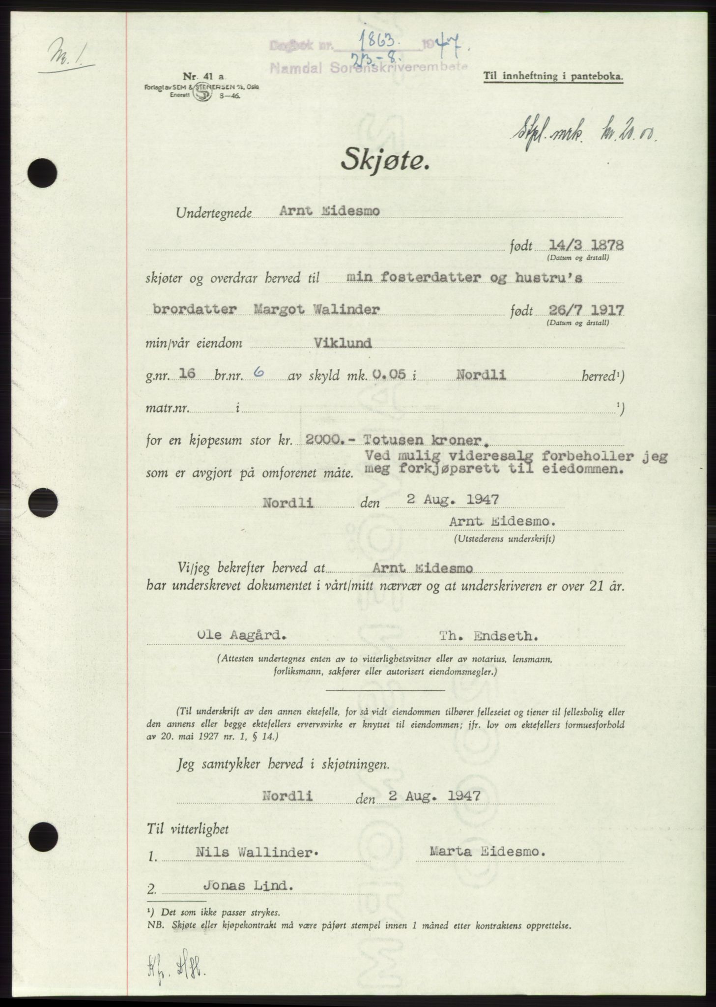 Namdal sorenskriveri, SAT/A-4133/1/2/2C: Pantebok nr. -, 1947-1947, Dagboknr: 1863/1947