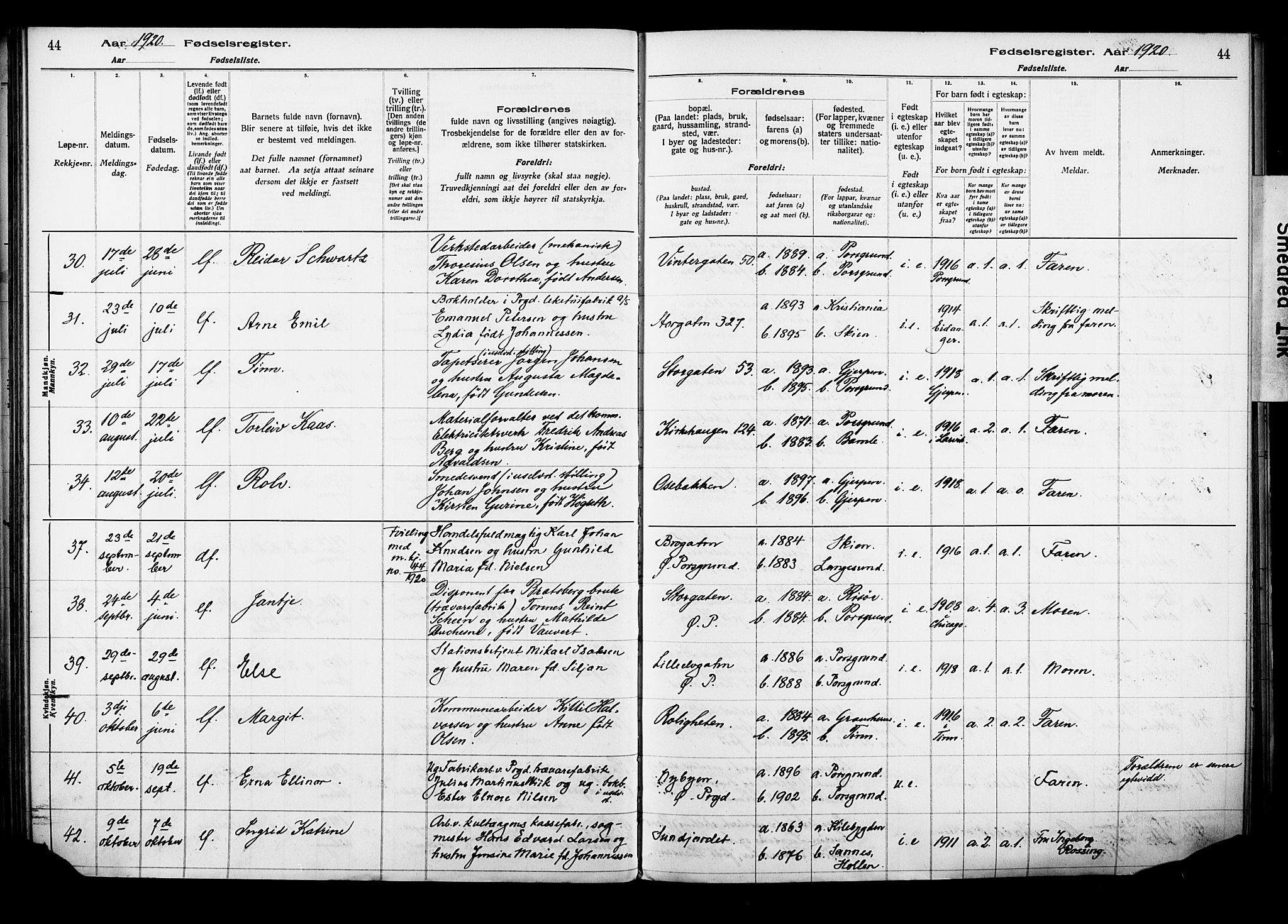 Porsgrunn kirkebøker , AV/SAKO-A-104/J/Ja/L0001: Fødselsregister nr. 1, 1916-1929, s. 44