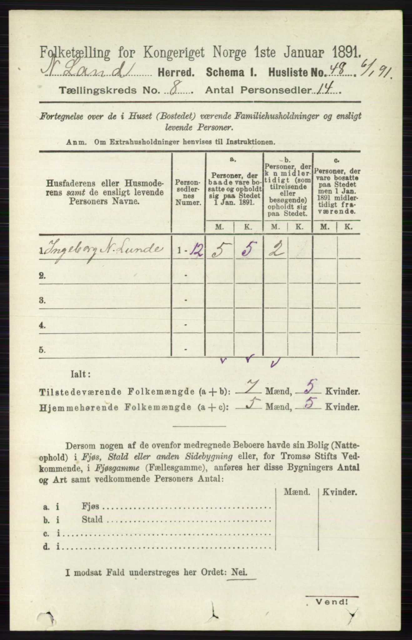 RA, Folketelling 1891 for 0538 Nordre Land herred, 1891, s. 2201