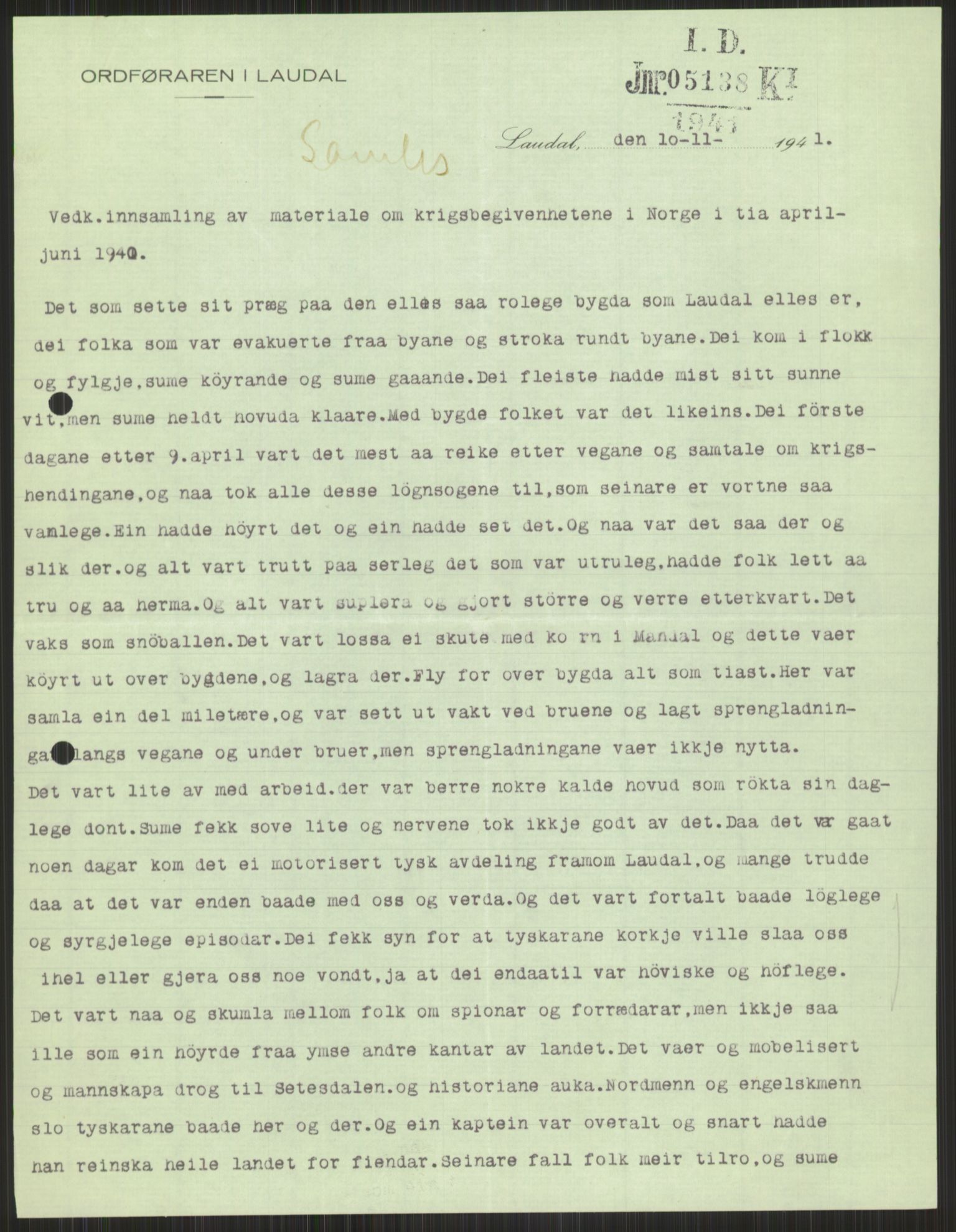 Forsvaret, Forsvarets krigshistoriske avdeling, AV/RA-RAFA-2017/Y/Ya/L0014: II-C-11-31 - Fylkesmenn.  Rapporter om krigsbegivenhetene 1940., 1940, s. 872