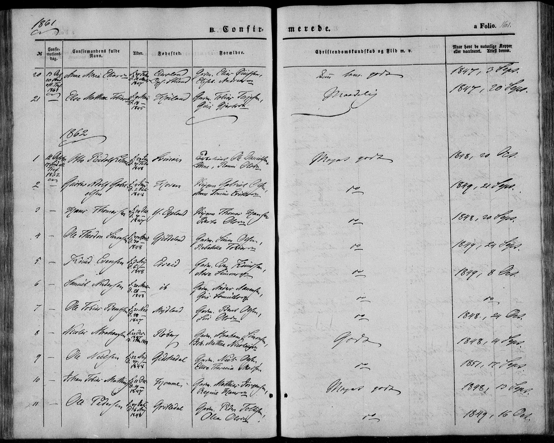 Sør-Audnedal sokneprestkontor, AV/SAK-1111-0039/F/Fa/Fab/L0007: Ministerialbok nr. A 7, 1855-1876, s. 161