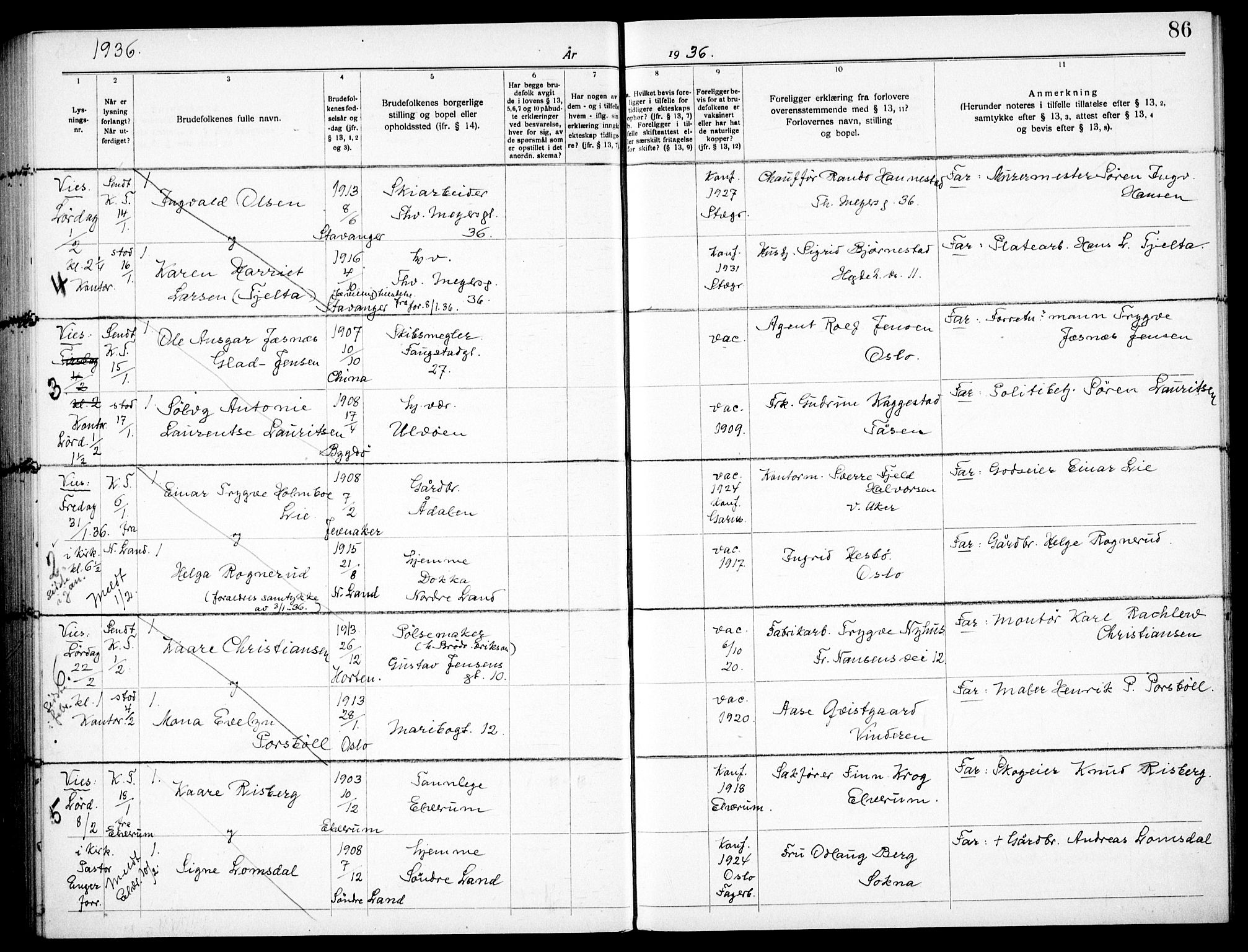Garnisonsmenigheten Kirkebøker, AV/SAO-A-10846/H/Ha/L0011: Lysningsprotokoll nr. I 11, 1932-1936, s. 86