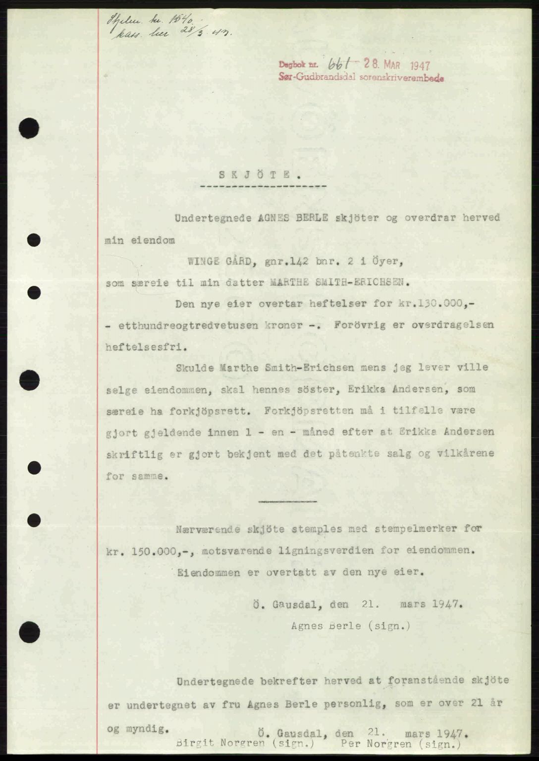Sør-Gudbrandsdal tingrett, SAH/TING-004/H/Hb/Hbd/L0018: Pantebok nr. A18, 1947-1947, Dagboknr: 661/1947
