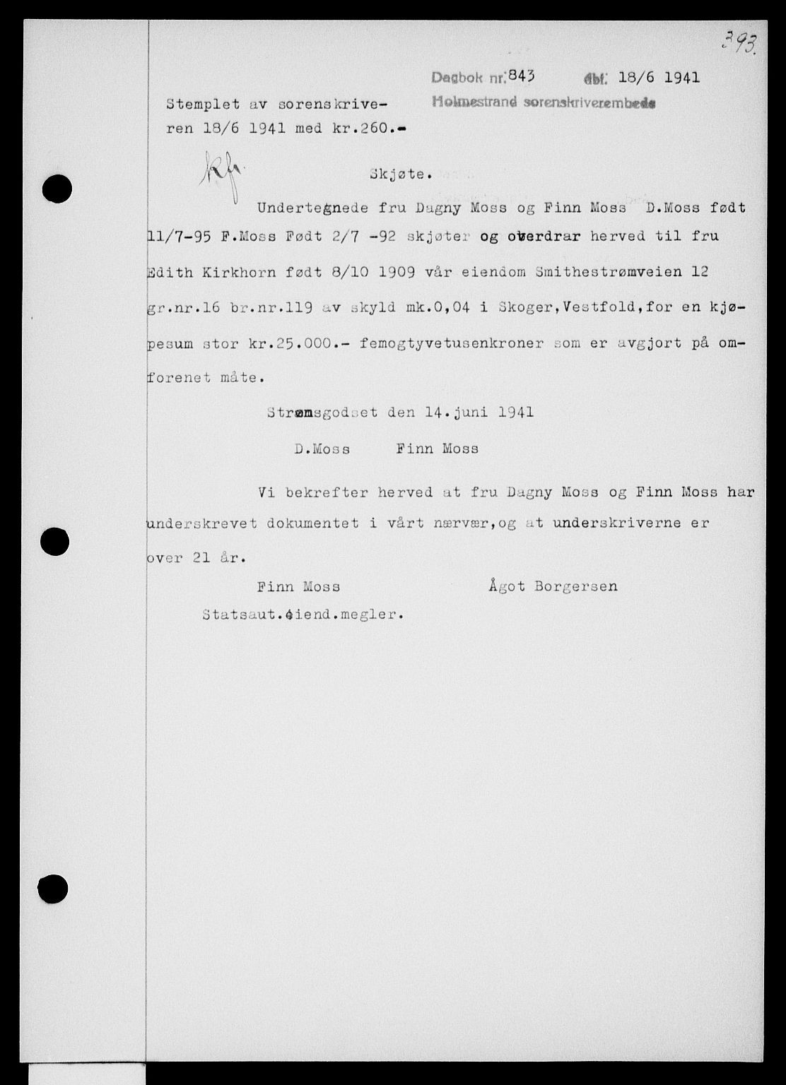 Holmestrand sorenskriveri, SAKO/A-67/G/Ga/Gaa/L0053: Pantebok nr. A-53, 1941-1941, Dagboknr: 843/1941