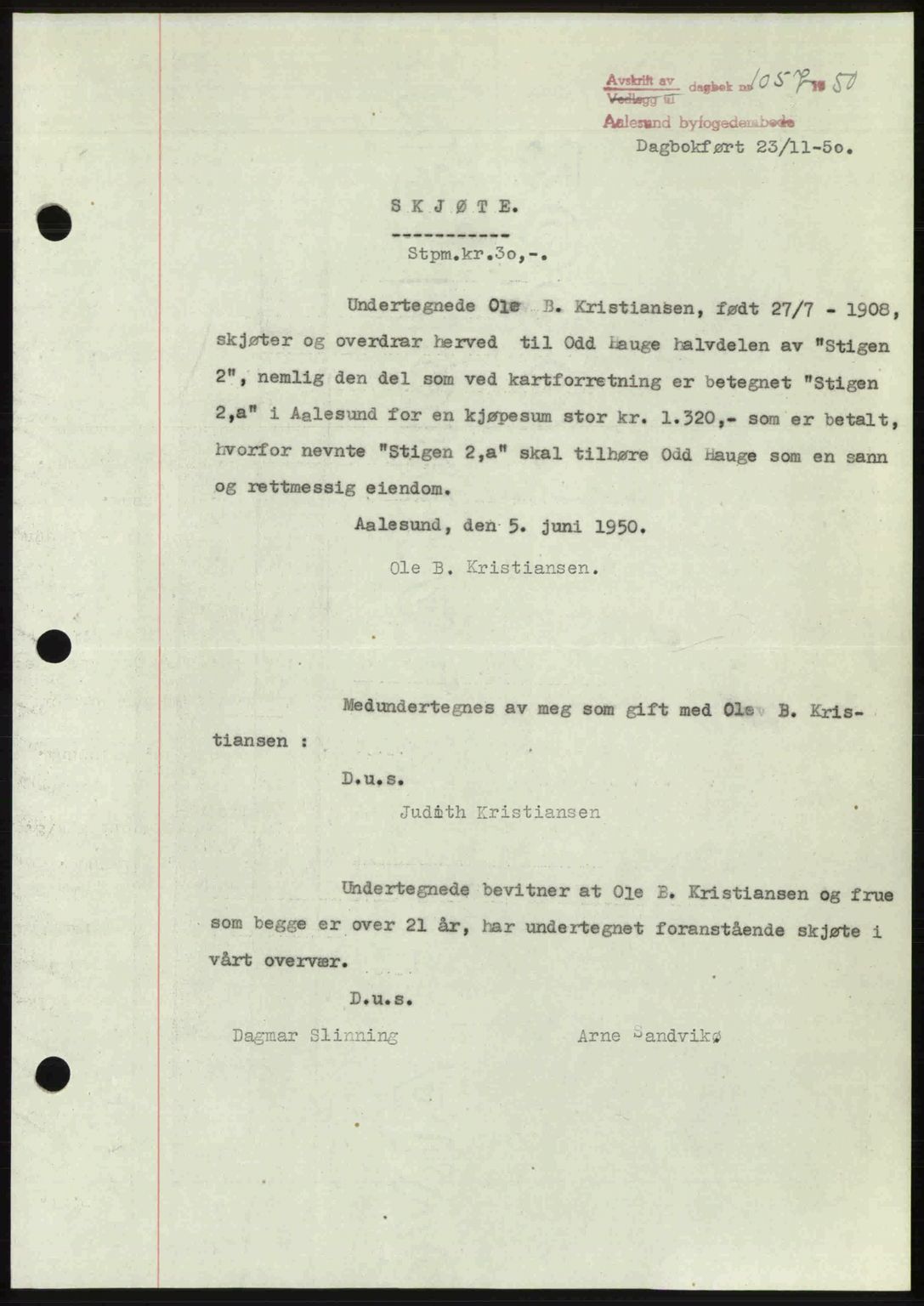 Ålesund byfogd, AV/SAT-A-4384: Pantebok nr. 37A (2), 1949-1950, Dagboknr: 1057/1950