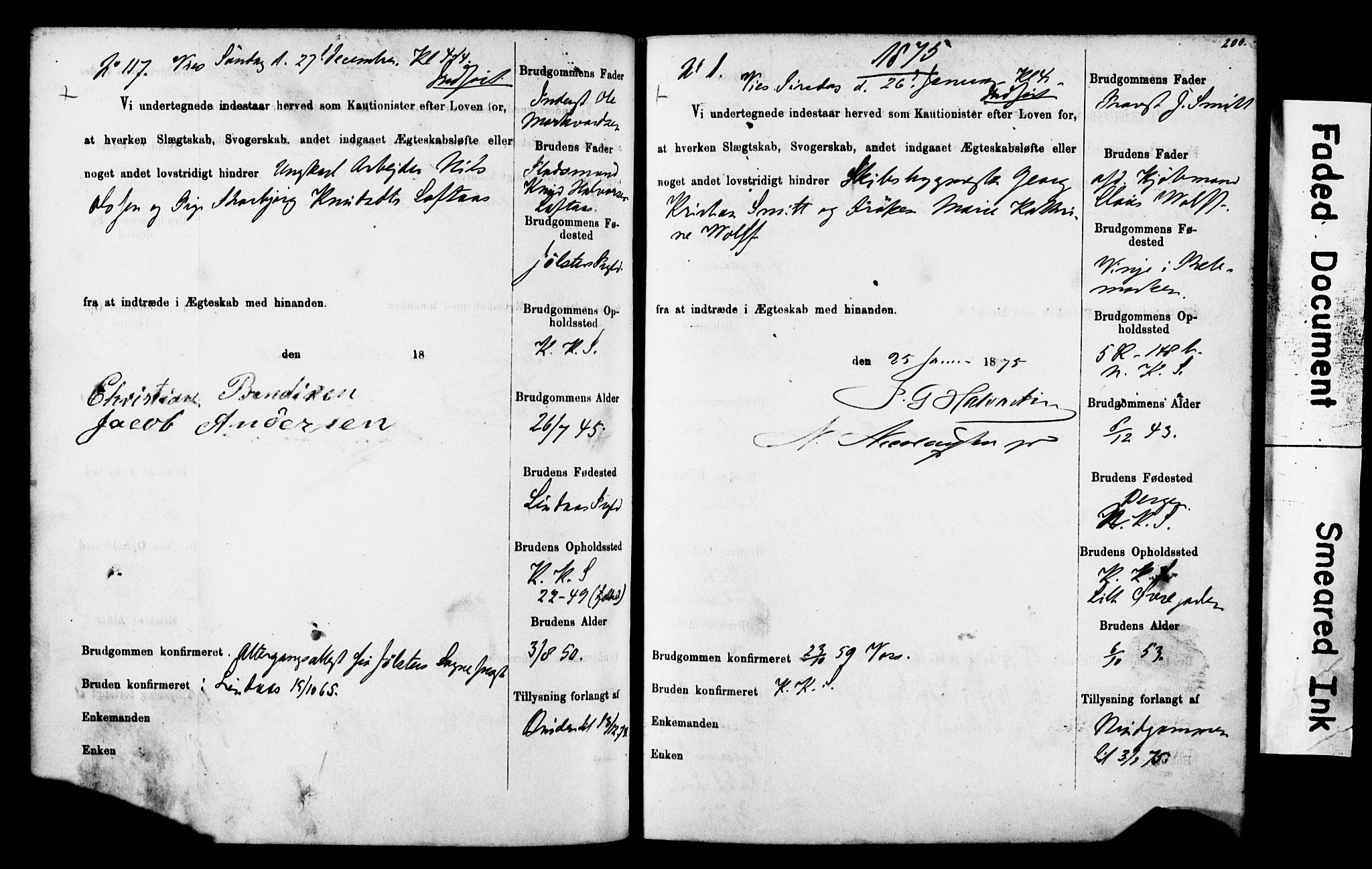 Korskirken sokneprestembete, SAB/A-76101: Forlovererklæringer nr. II.5.4, 1871-1878, s. 200
