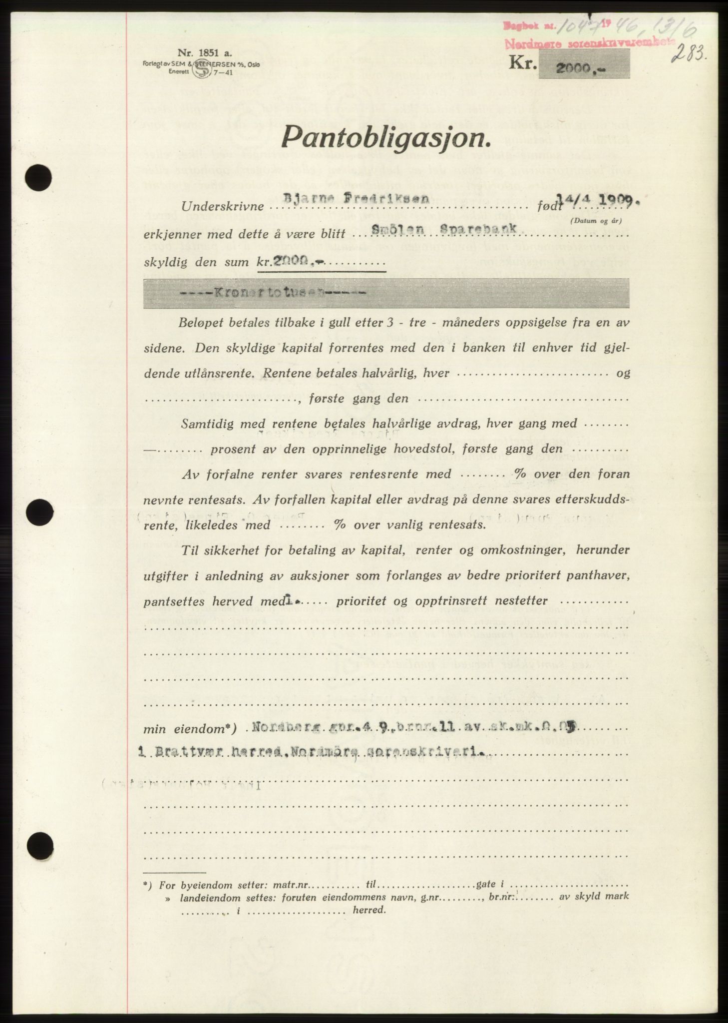 Nordmøre sorenskriveri, AV/SAT-A-4132/1/2/2Ca: Pantebok nr. B94, 1946-1946, Dagboknr: 1047/1946