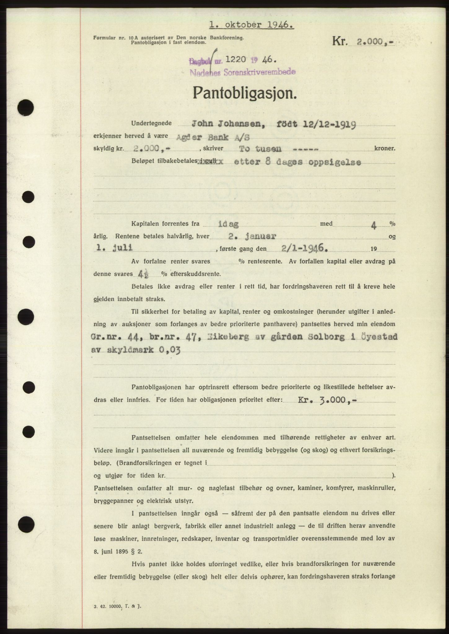 Nedenes sorenskriveri, SAK/1221-0006/G/Gb/Gbb/L0003: Pantebok nr. B3b, 1946-1946, Dagboknr: 1220/1946