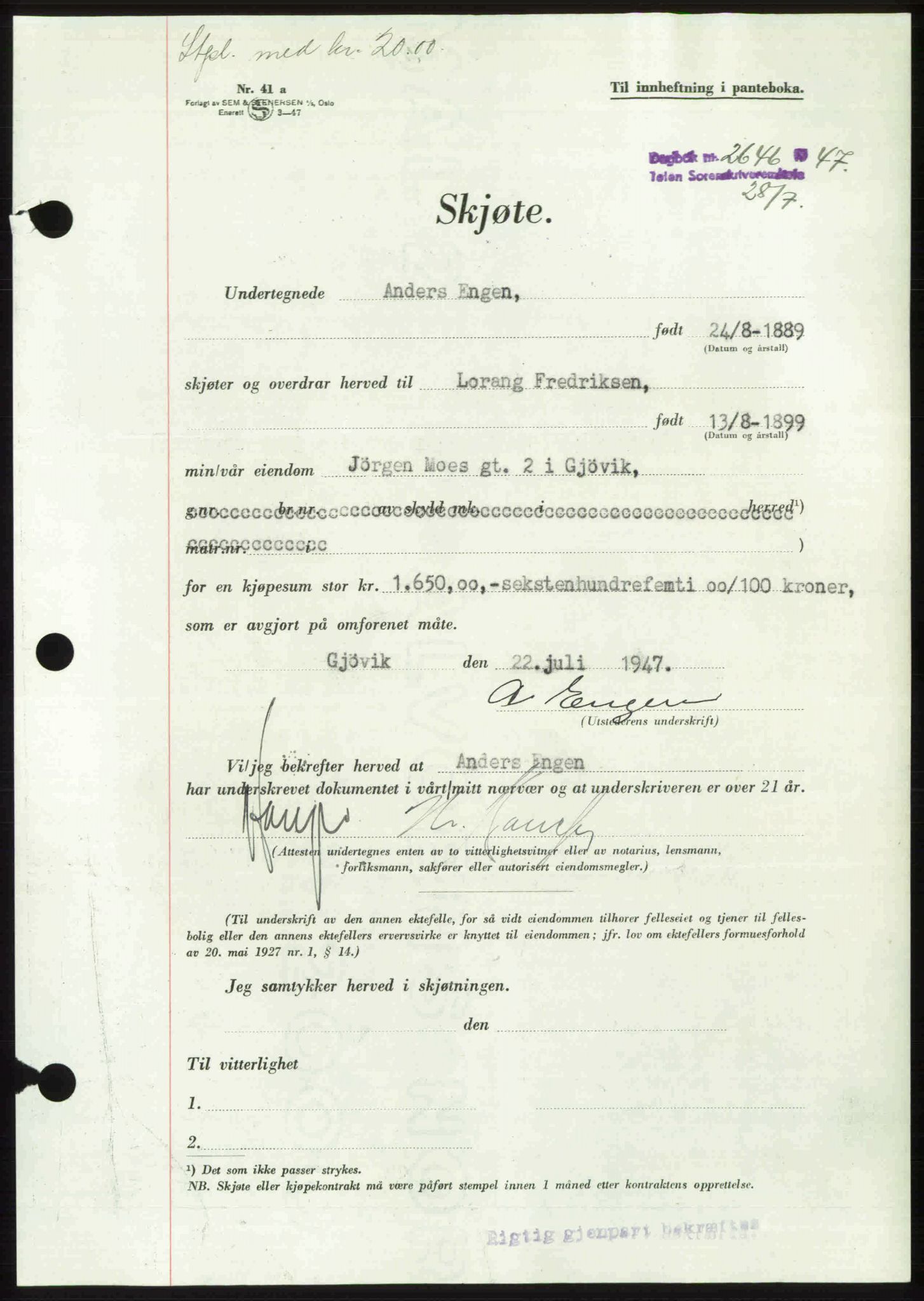 Toten tingrett, AV/SAH-TING-006/H/Hb/Hbc/L0017: Pantebok nr. Hbc-17, 1947-1947, Dagboknr: 2646/1947