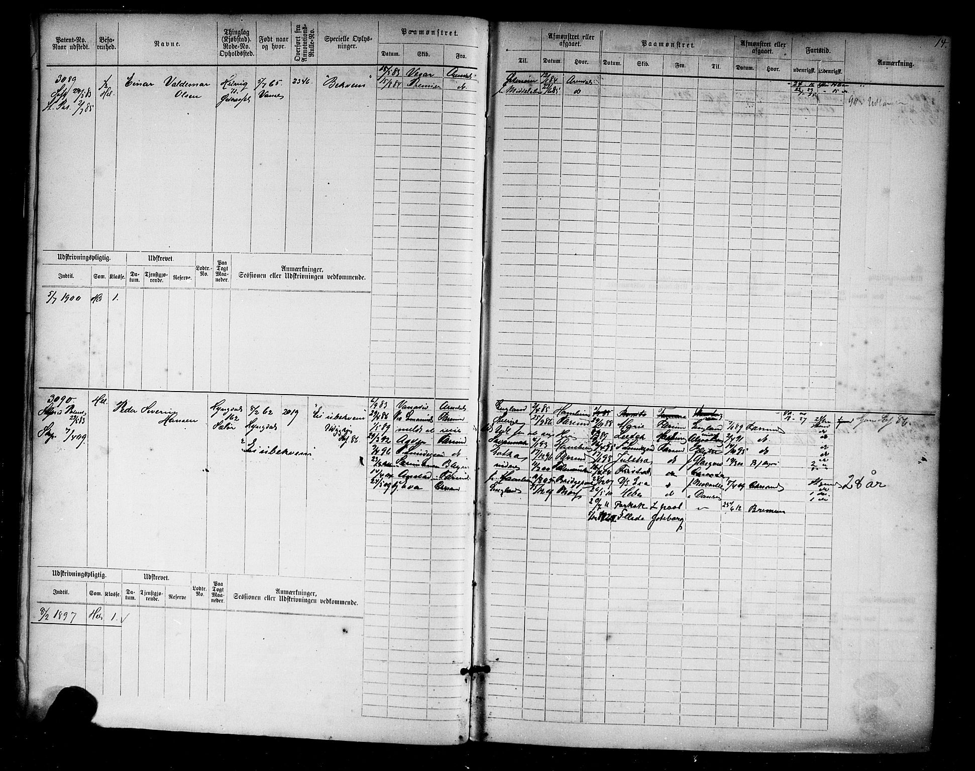Farsund mønstringskrets, AV/SAK-2031-0017/F/Fb/L0019: Hovedrulle nr 3067-3832, Z-11, 1882-1922, s. 14