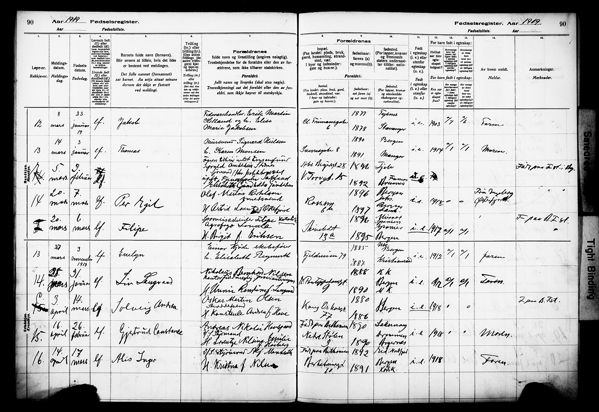 Domkirken sokneprestembete, AV/SAB-A-74801/I/Id/L00A1: Fødselsregister nr. A 1, 1916-1923, s. 90