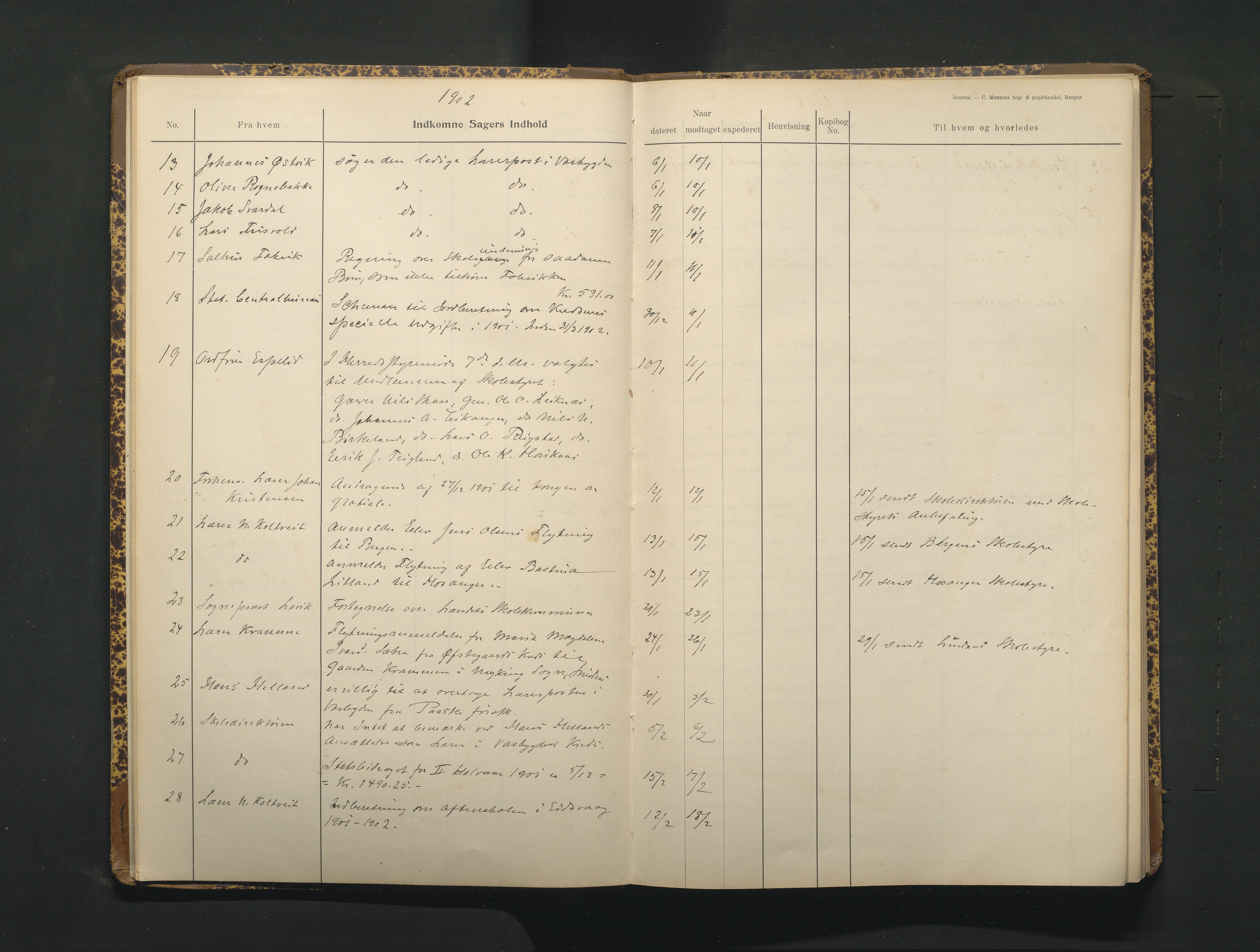 Hamre kommune. Skulestyret, IKAH/1254-211/C/Ca/L0003: Postjournal for Hamre skulestyre, 1901-1916
