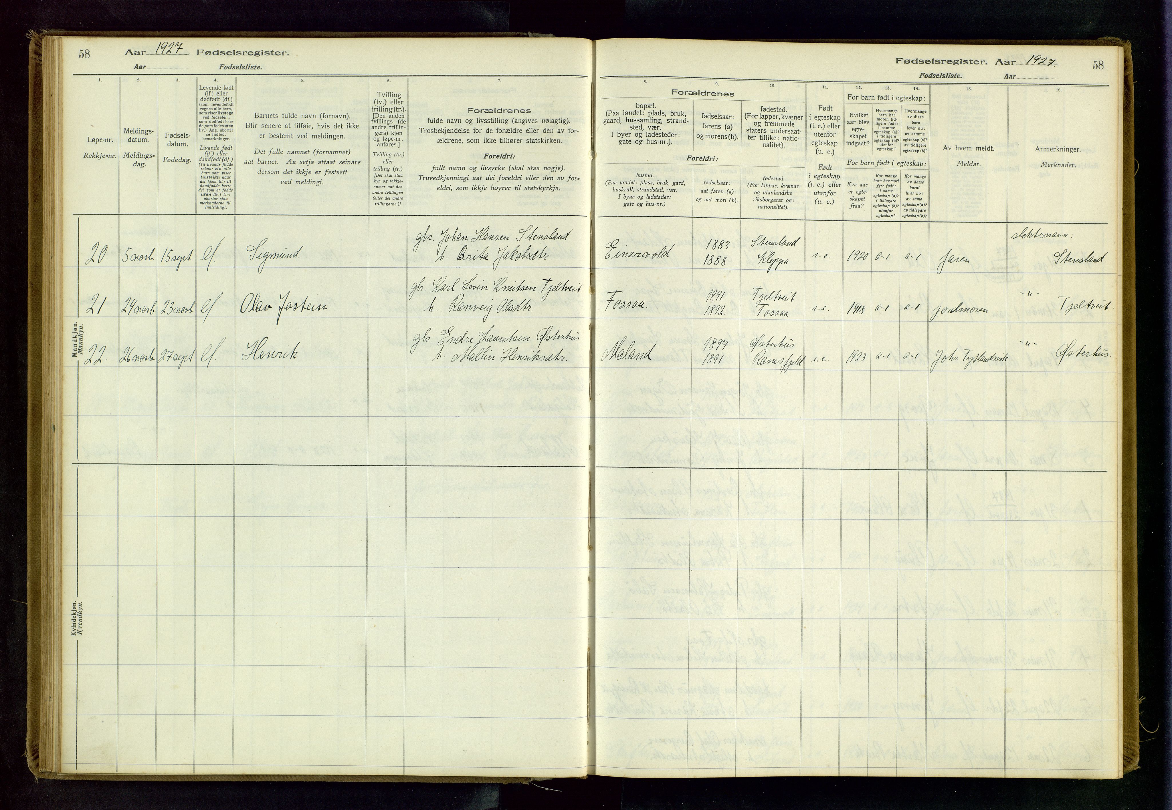 Hjelmeland sokneprestkontor, AV/SAST-A-101843/02/B/L0001: Fødselsregister nr. 1, 1916-1963, s. 58