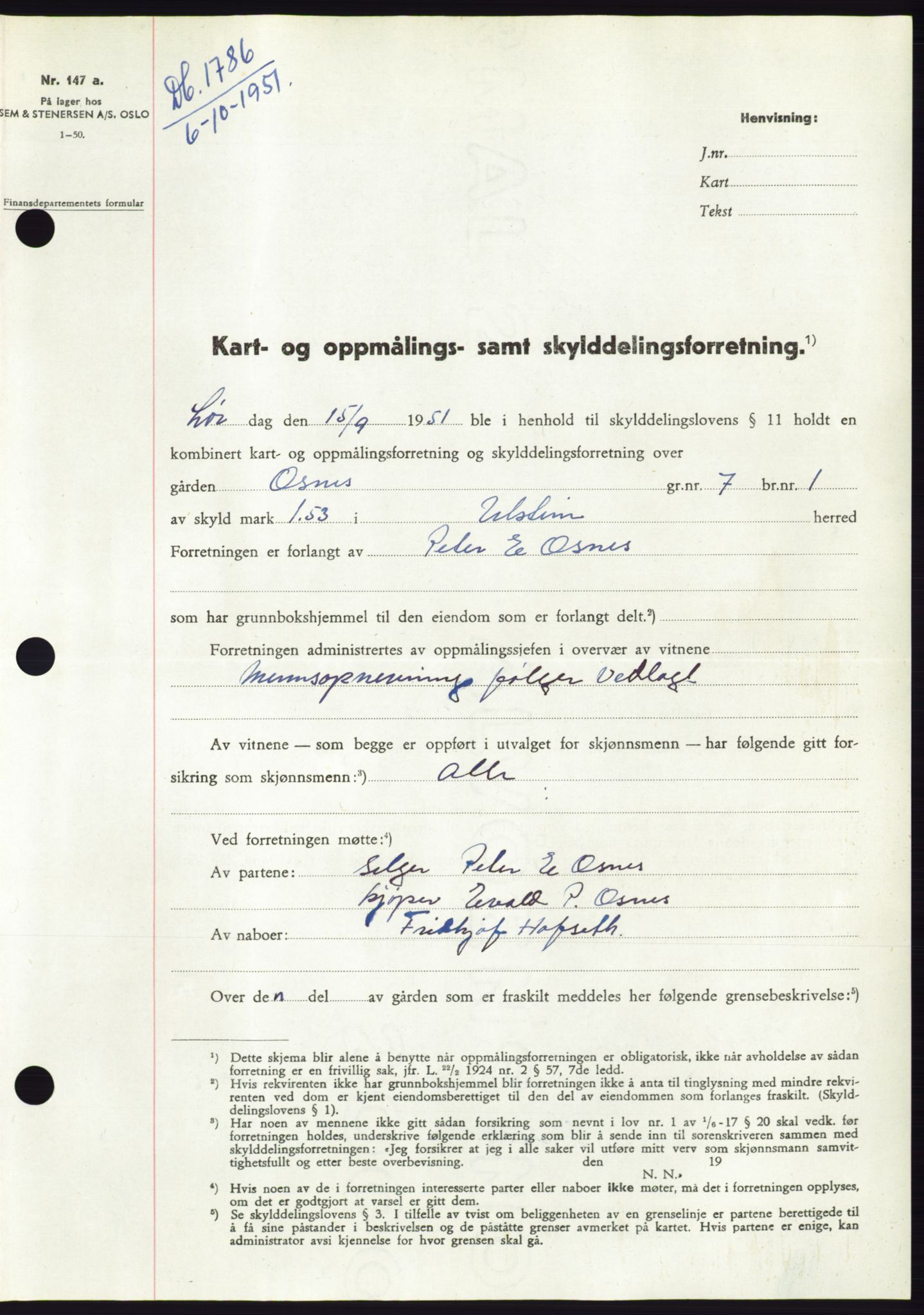 Søre Sunnmøre sorenskriveri, AV/SAT-A-4122/1/2/2C/L0090: Pantebok nr. 16A, 1951-1951, Dagboknr: 1786/1951