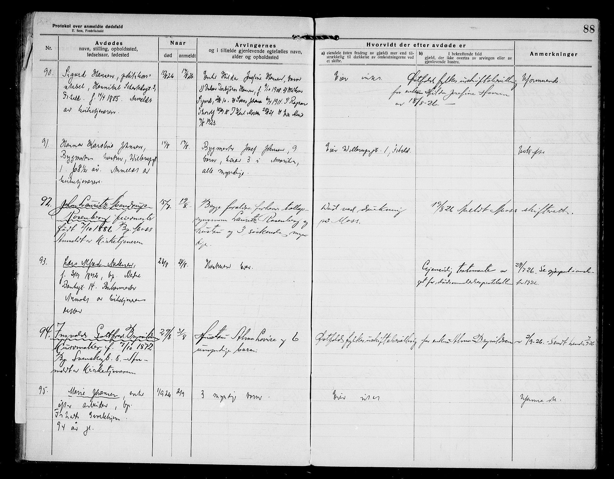 Halden byfogd, SAO/A-10865/H/Hb/Hba/L0005: Dødsanmeldelsesprotokoll, 1922-1927, s. 88
