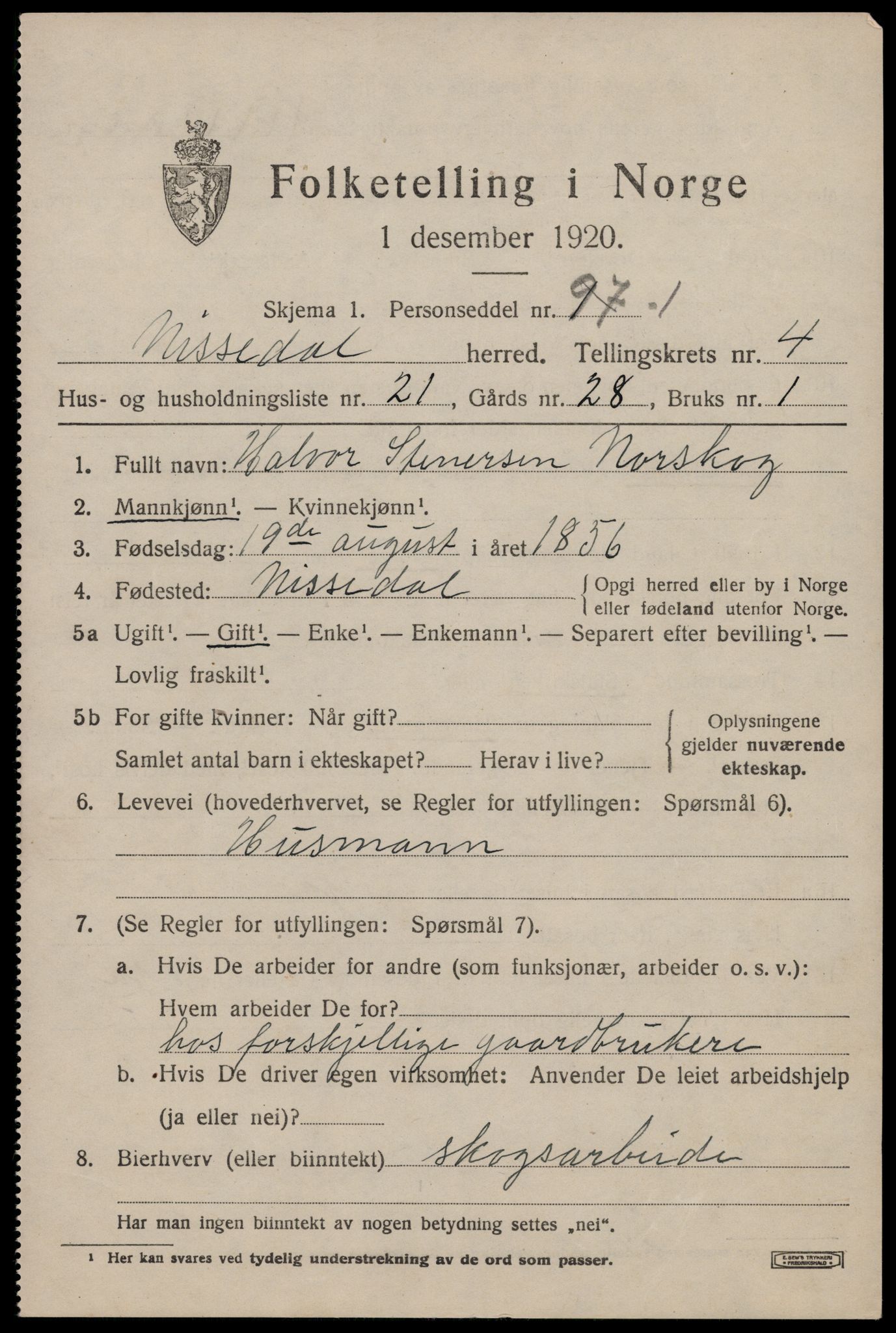 SAKO, Folketelling 1920 for 0830 Nissedal herred, 1920, s. 2021