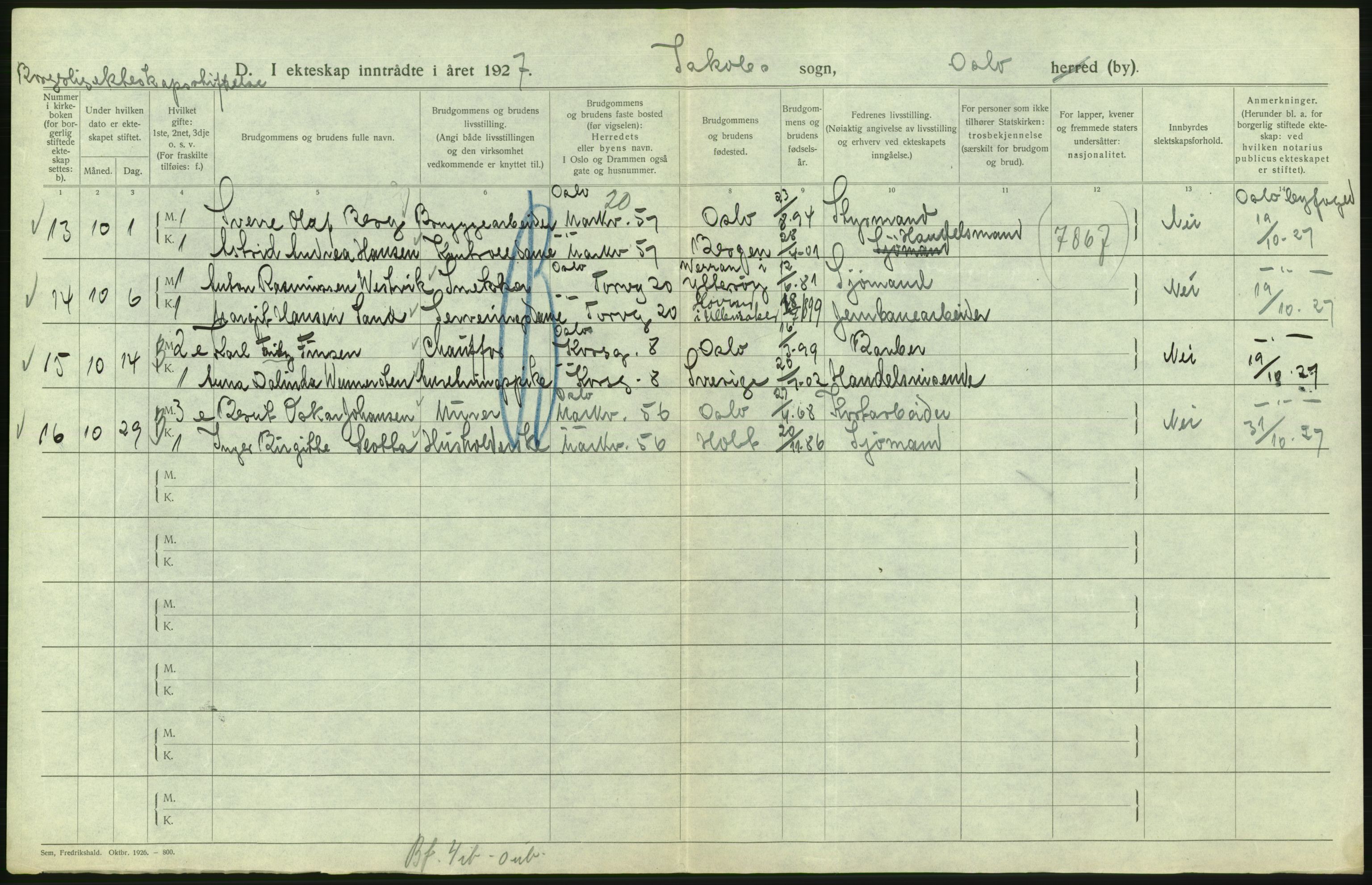 Statistisk sentralbyrå, Sosiodemografiske emner, Befolkning, AV/RA-S-2228/D/Df/Dfc/Dfcg/L0008: Oslo: Gifte, 1927, s. 438