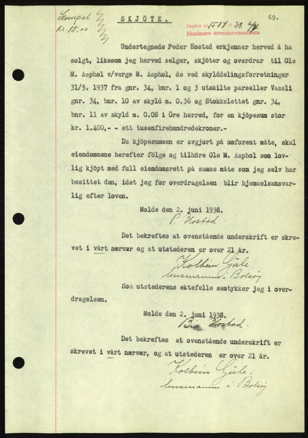Nordmøre sorenskriveri, AV/SAT-A-4132/1/2/2Ca: Pantebok nr. A84, 1938-1938, Dagboknr: 1587/1938