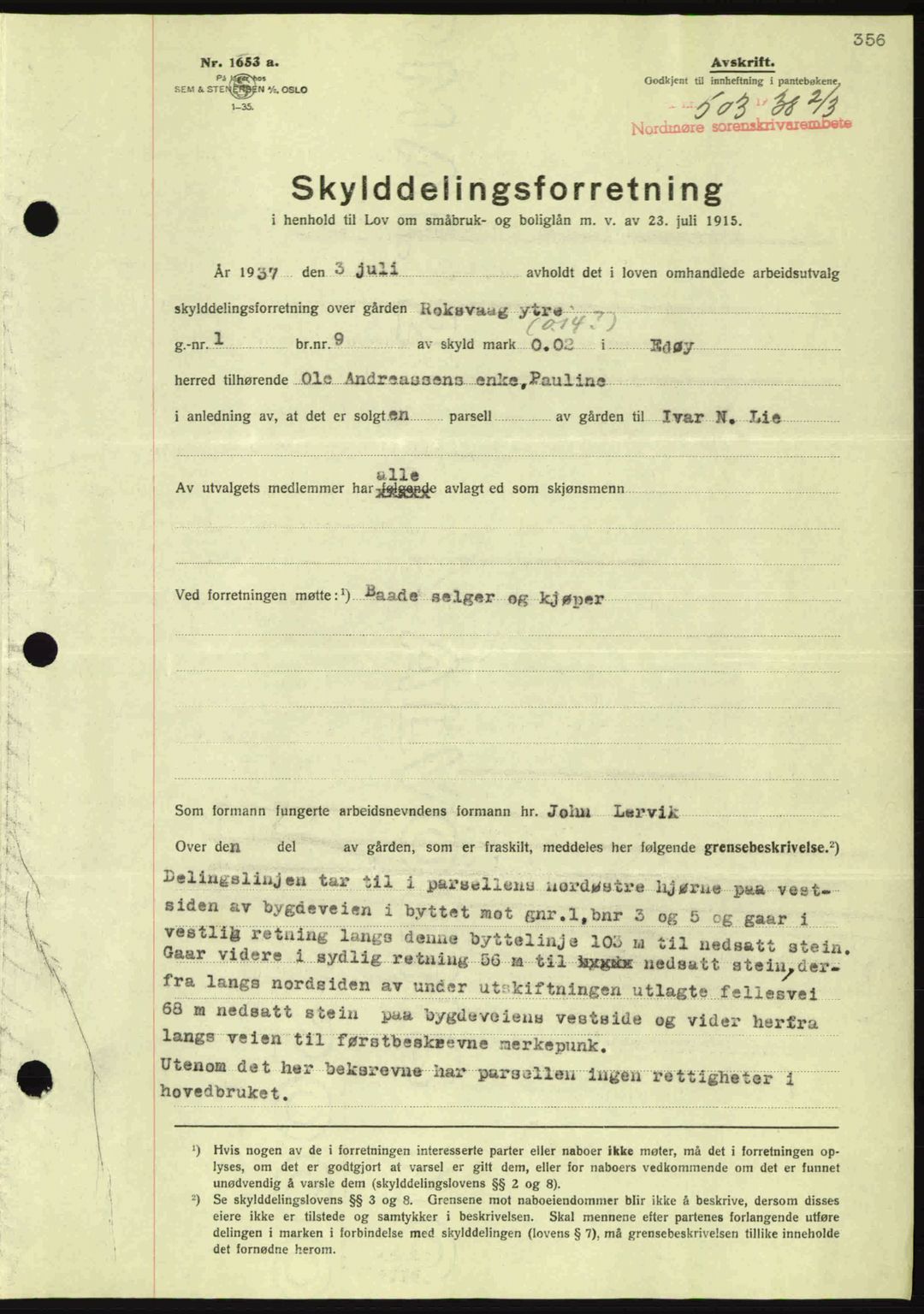 Nordmøre sorenskriveri, SAT/A-4132/1/2/2Ca: Pantebok nr. A83, 1938-1938, Dagboknr: 503/1938
