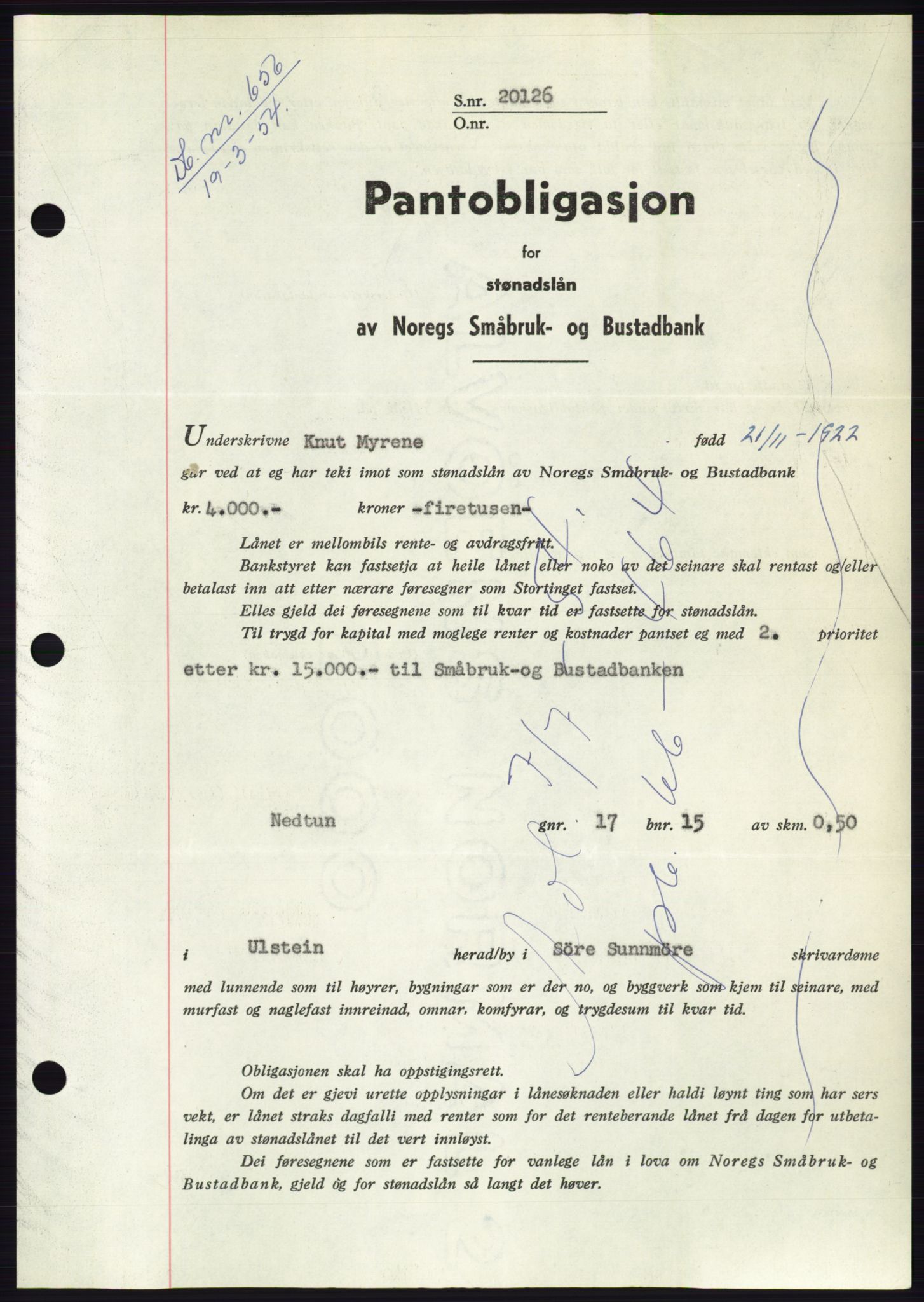 Søre Sunnmøre sorenskriveri, SAT/A-4122/1/2/2C/L0124: Pantebok nr. 12B, 1953-1954, Dagboknr: 656/1954