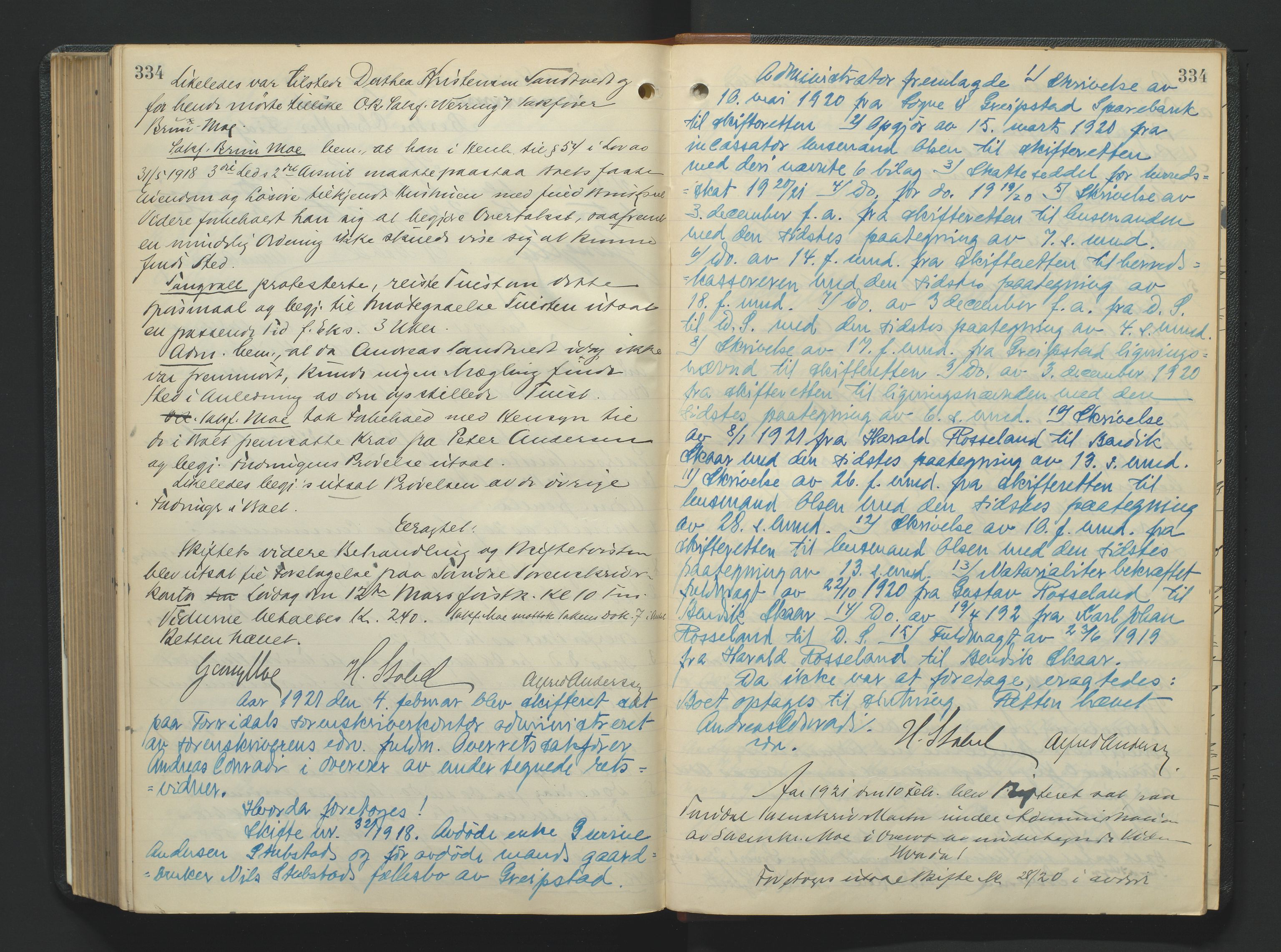 Torridal sorenskriveri, AV/SAK-1221-0012/H/Hc/L0023: Skifteforhandlingsprotokoll med navneregister nr. 9, 1915-1921, s. 334