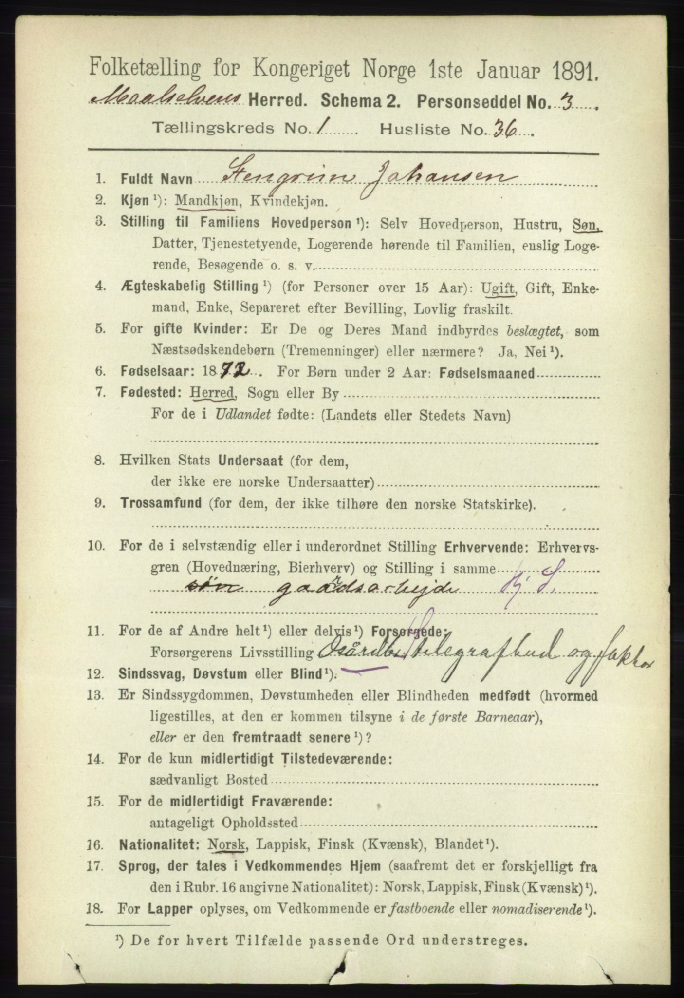 RA, Folketelling 1891 for 1924 Målselv herred, 1891, s. 256