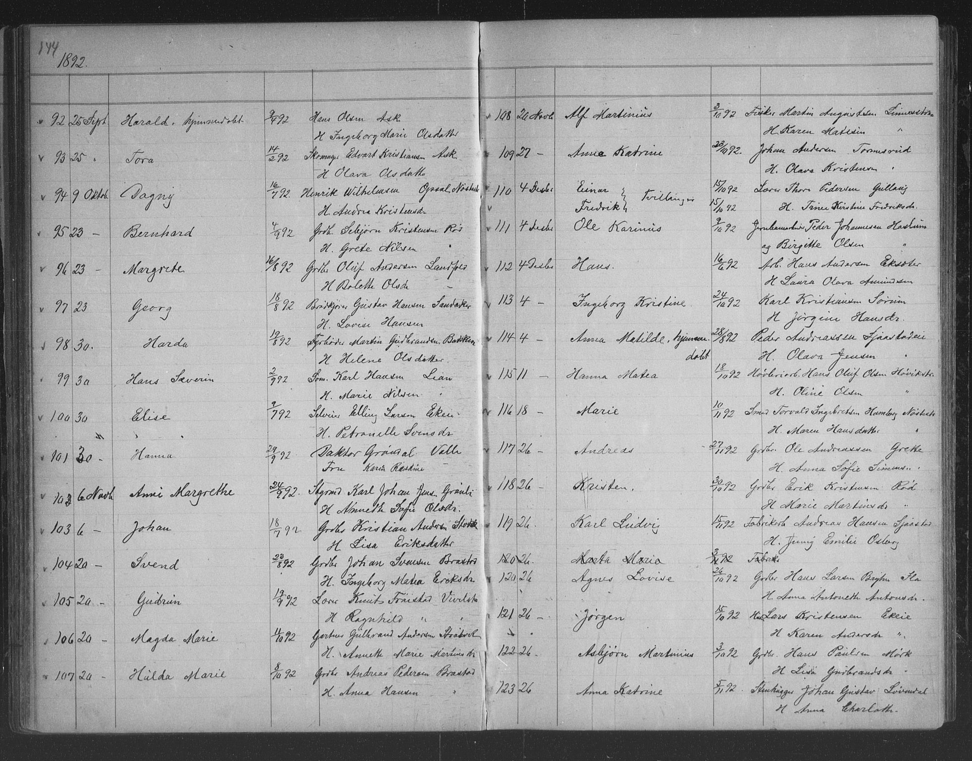 Lier kirkebøker, AV/SAKO-A-230/G/Gb/L0001: Klokkerbok nr. II 1, 1874-1898, s. 144-145