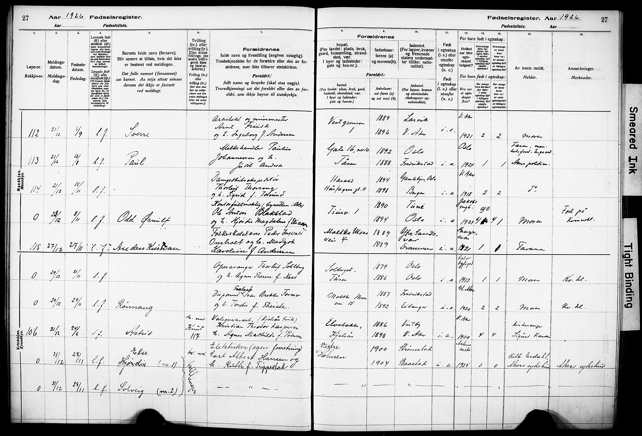 Vestre Aker prestekontor Kirkebøker, AV/SAO-A-10025/J/Ja/L0003: Fødselsregister nr. 3, 1926-1930, s. 27