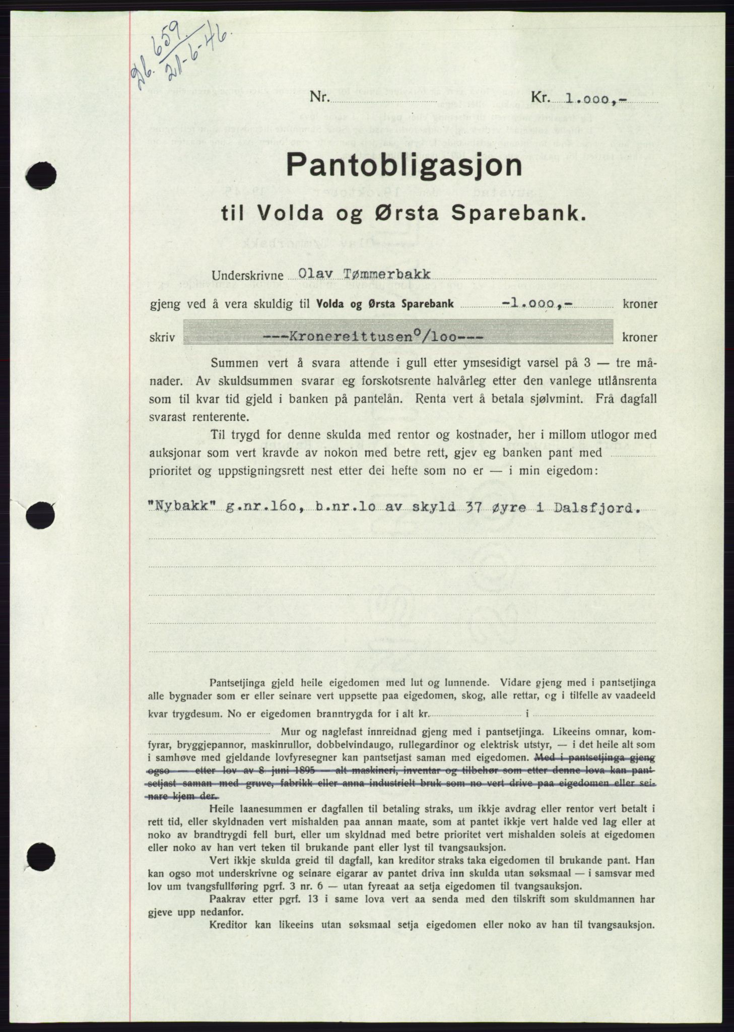 Søre Sunnmøre sorenskriveri, AV/SAT-A-4122/1/2/2C/L0114: Pantebok nr. 1-2B, 1943-1947, Dagboknr: 659/1946