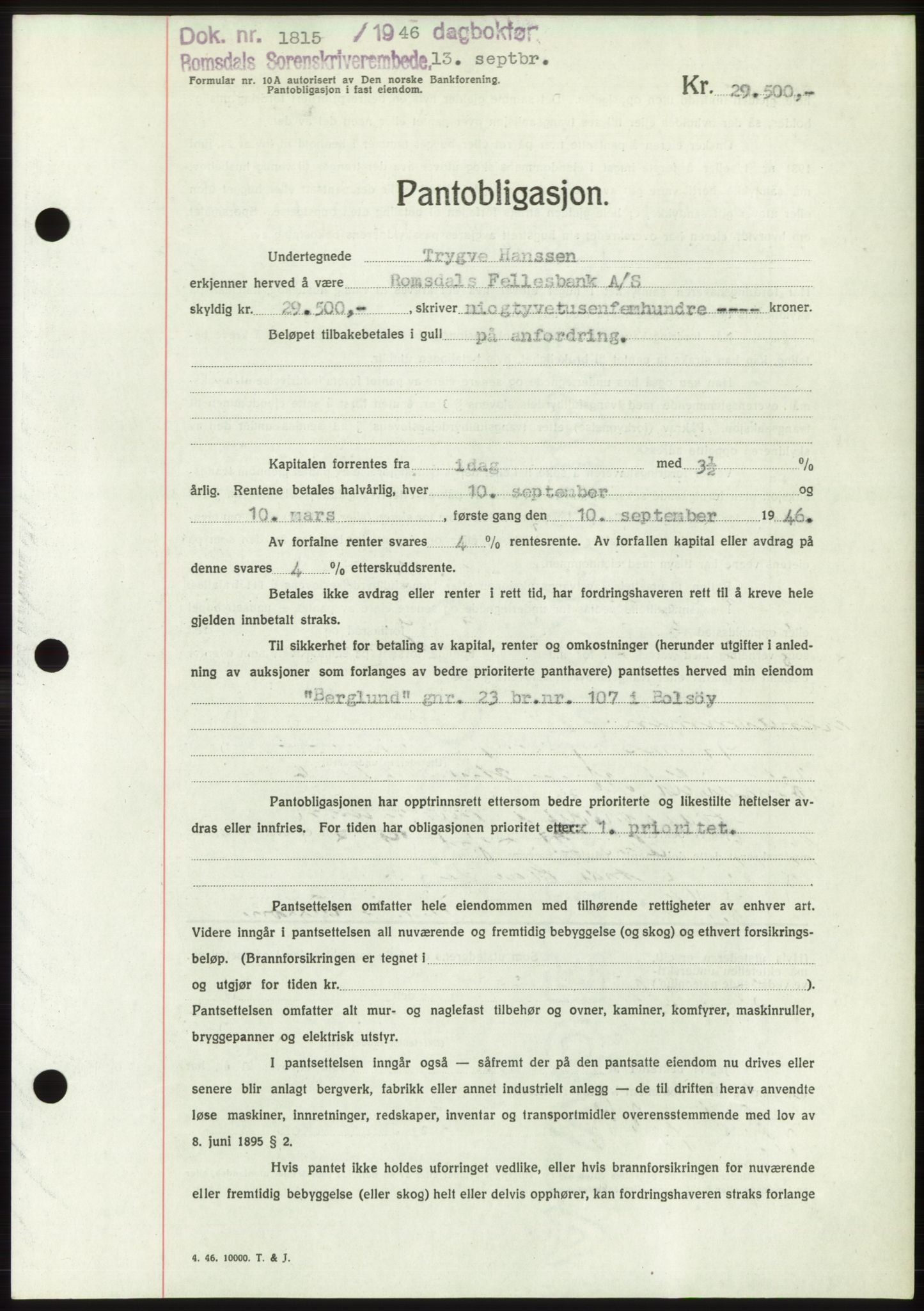 Romsdal sorenskriveri, SAT/A-4149/1/2/2C: Pantebok nr. B3, 1946-1948, Dagboknr: 1815/1946