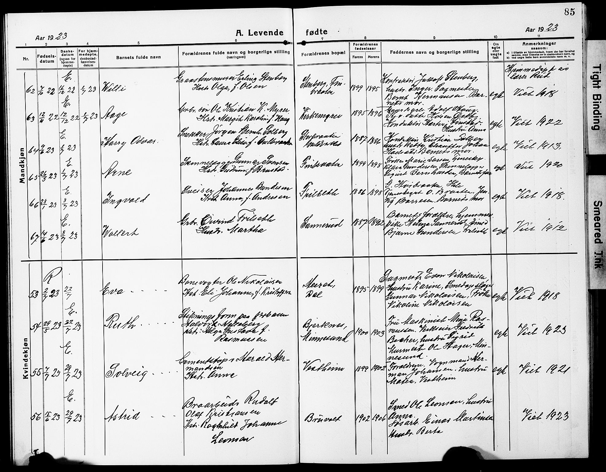 Eidsvoll prestekontor Kirkebøker, AV/SAO-A-10888/G/Ga/L0010: Klokkerbok nr. I 10, 1919-1929, s. 85