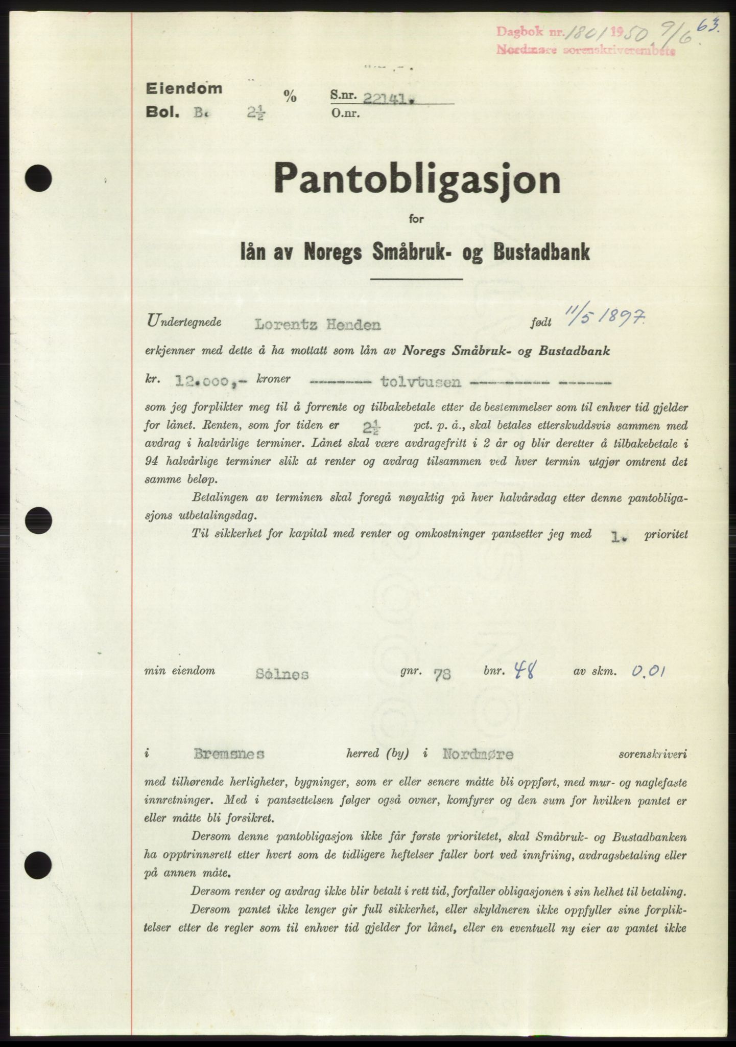 Nordmøre sorenskriveri, AV/SAT-A-4132/1/2/2Ca: Pantebok nr. B105, 1950-1950, Dagboknr: 1801/1950