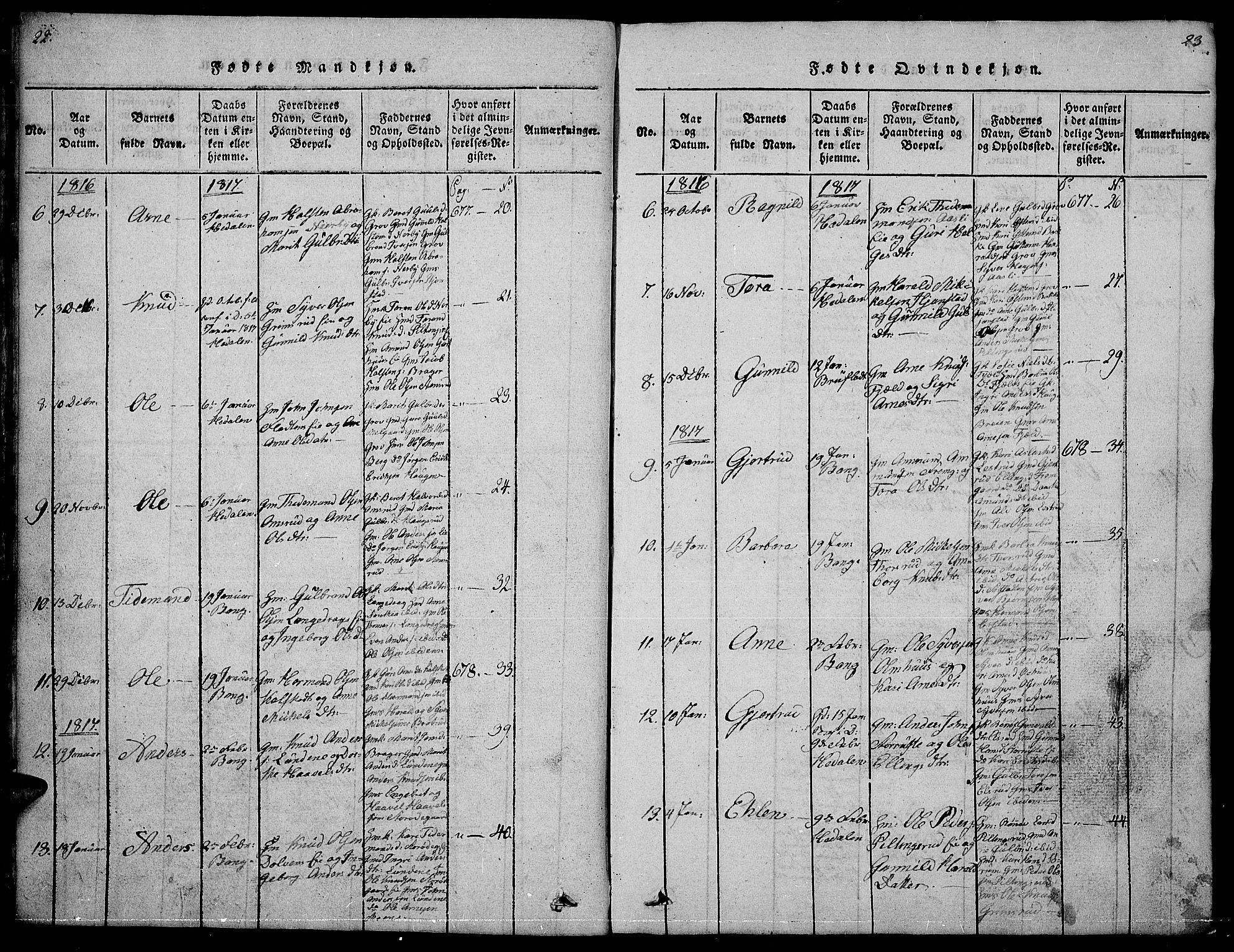 Sør-Aurdal prestekontor, SAH/PREST-128/H/Ha/Hab/L0001: Klokkerbok nr. 1, 1815-1826, s. 22-23