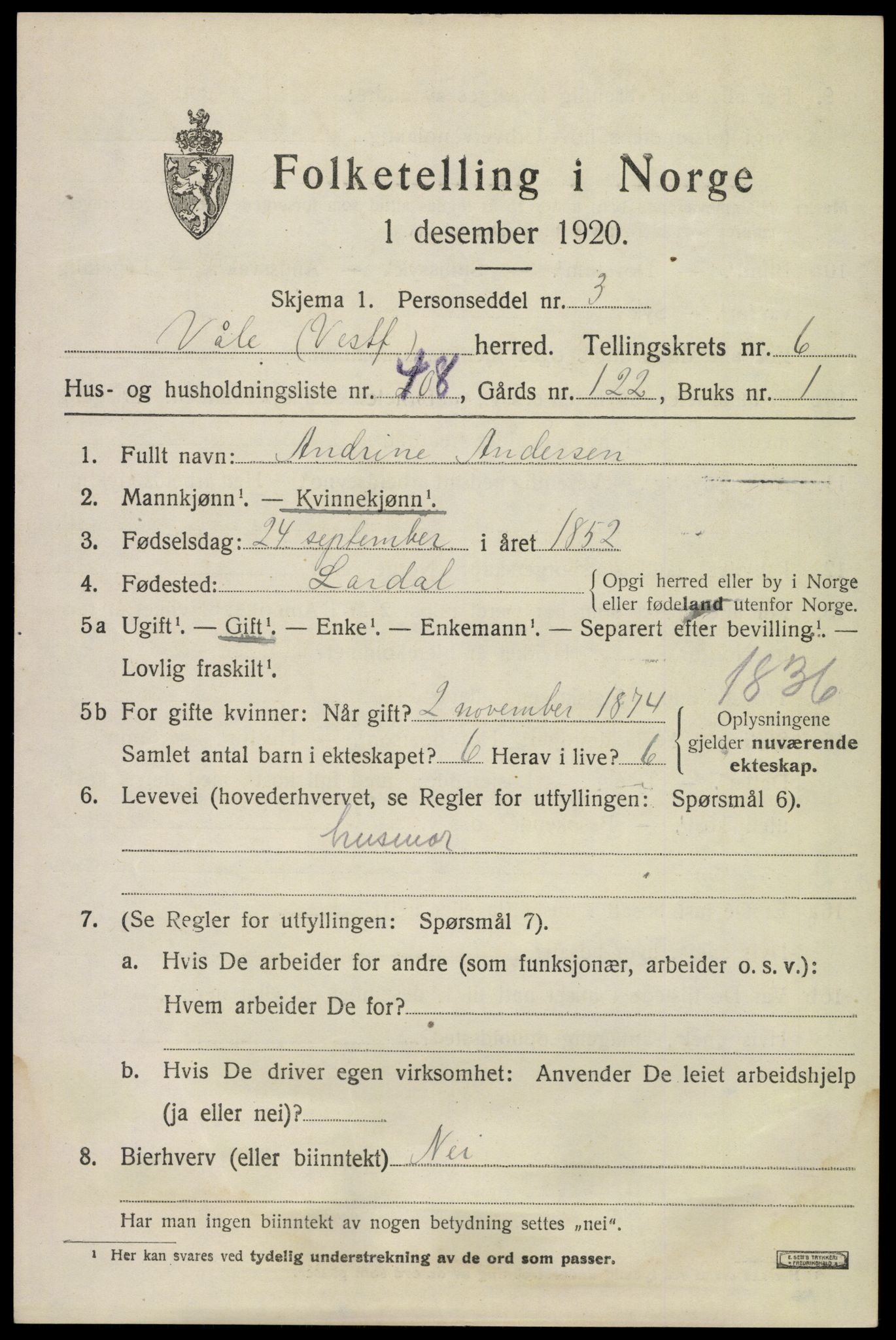 SAKO, Folketelling 1920 for 0716 Våle herred, 1920, s. 5462
