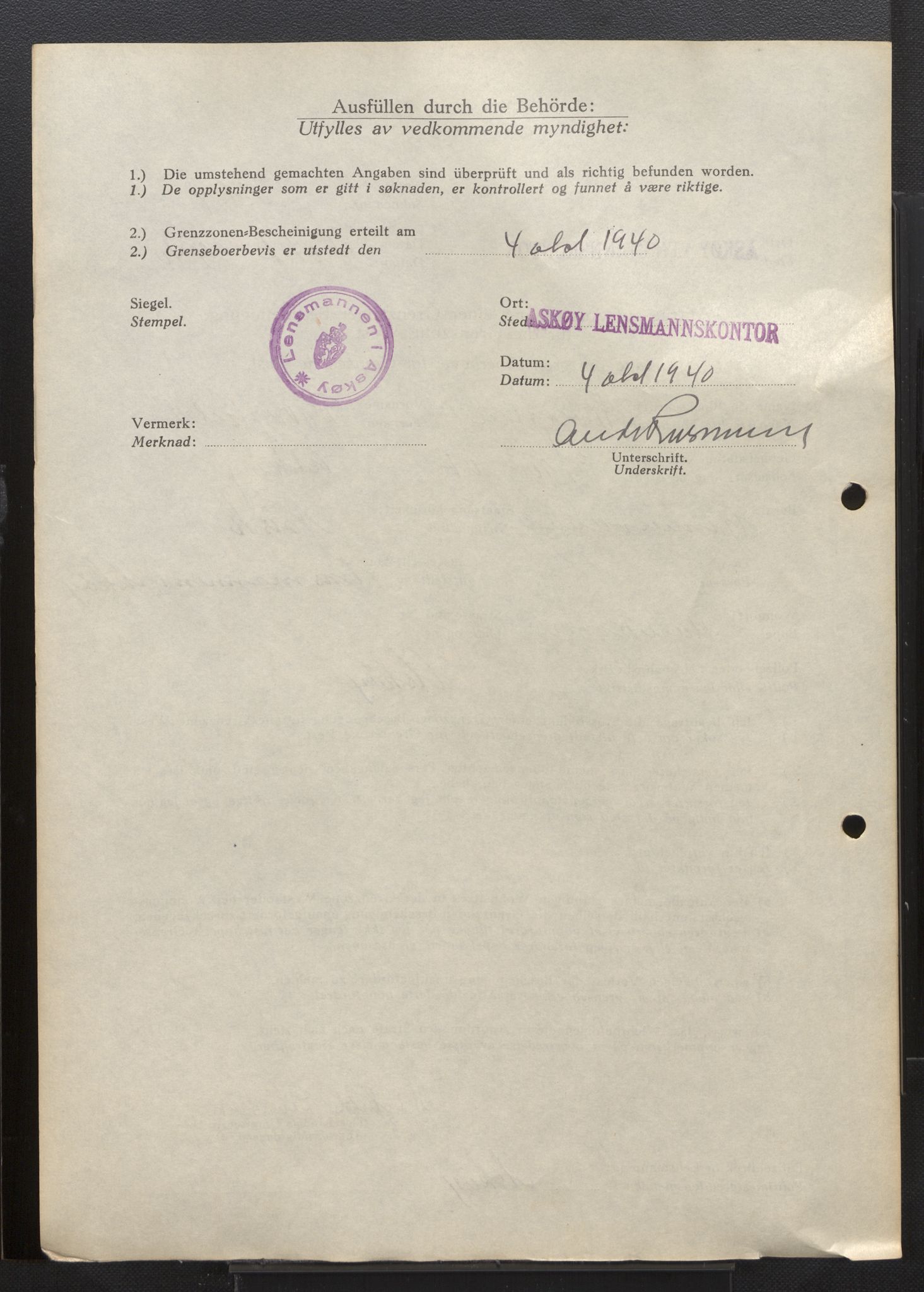 Lensmannen i Askøy, AV/SAB-A-31001/0026/L0004: Søknader om grensebuarbevis 426 - 850, 1940, s. 836