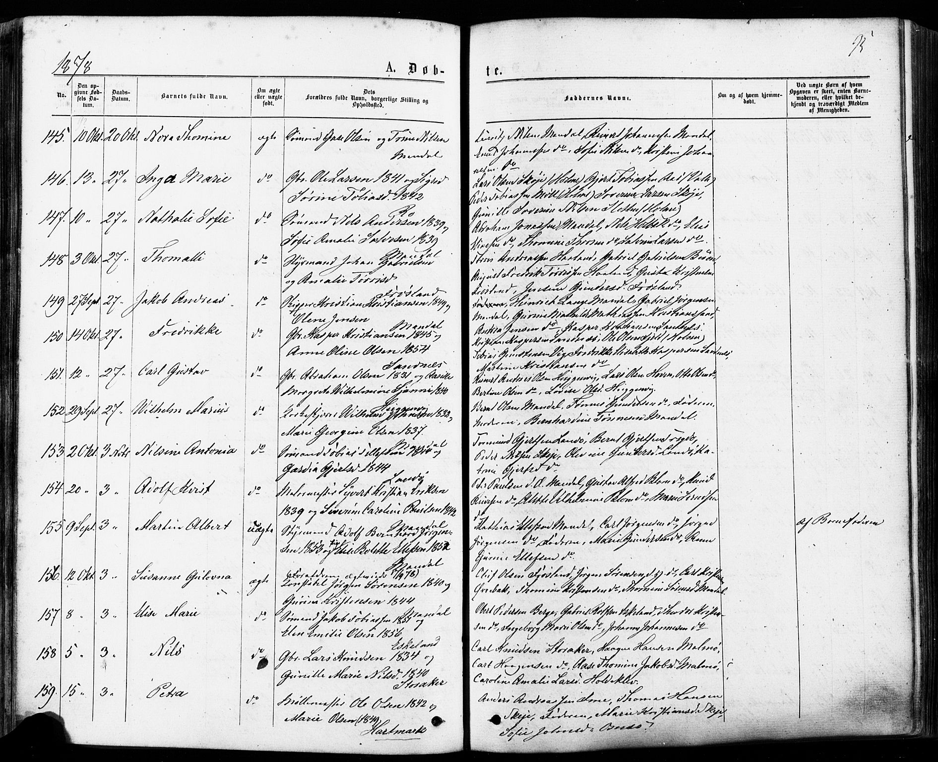 Mandal sokneprestkontor, AV/SAK-1111-0030/F/Fa/Faa/L0015: Ministerialbok nr. A 15, 1873-1879, s. 95