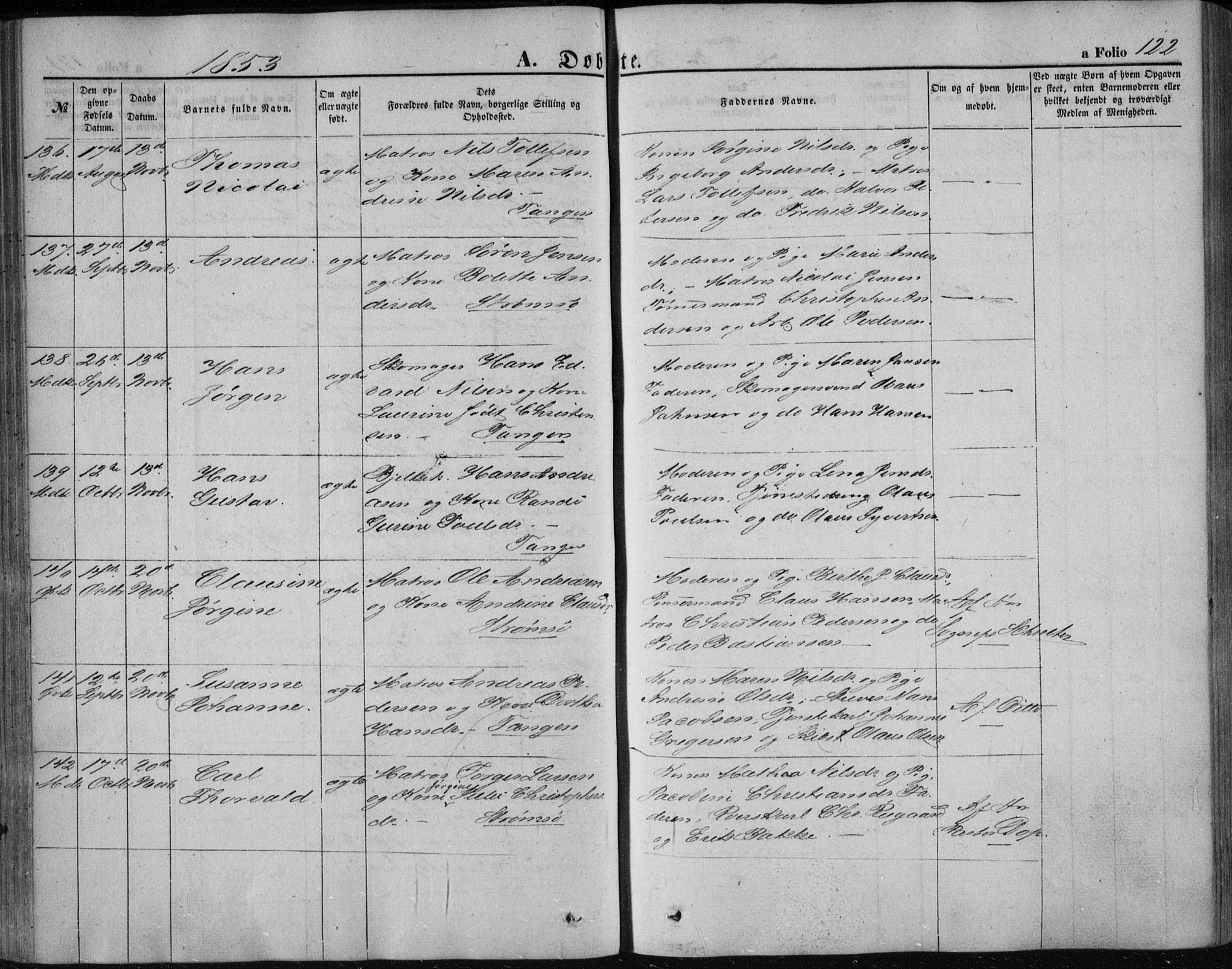 Strømsø kirkebøker, AV/SAKO-A-246/F/Fa/L0014: Ministerialbok nr. I 14, 1848-1858, s. 122