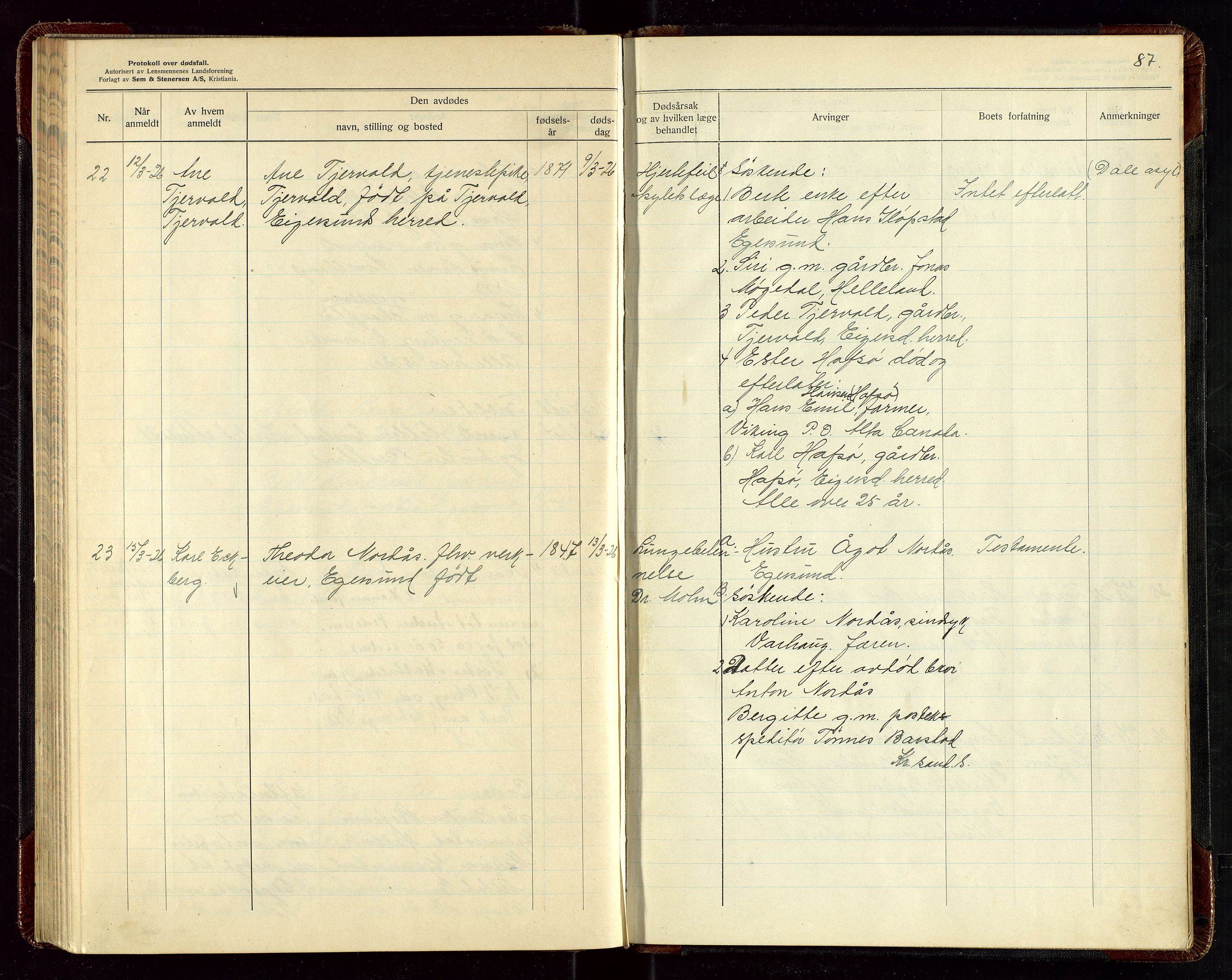 Eigersund lensmannskontor, AV/SAST-A-100171/Gga/L0009: "Protokoll over anmeldte dødsfall" m/alfabetisk navneregister, 1922-1926, s. 87