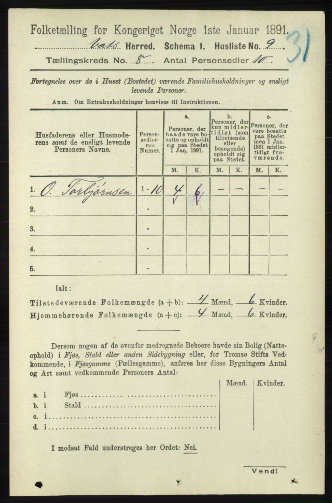 RA, Folketelling 1891 for 1155 Vats herred, 1891, s. 1310