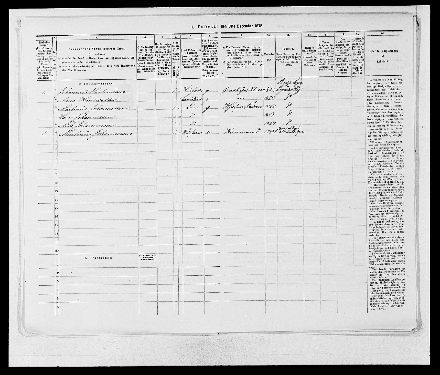 SAB, Folketelling 1875 for 1420P Sogndal prestegjeld, 1875, s. 305