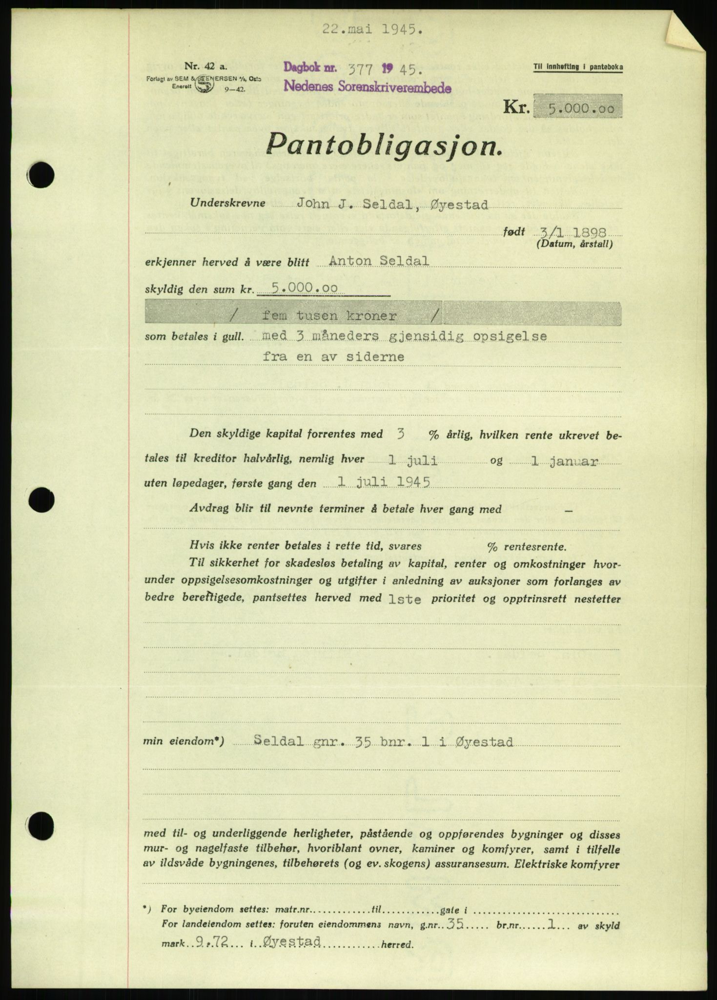 Nedenes sorenskriveri, SAK/1221-0006/G/Gb/Gbb/L0002: Pantebok nr. II, 1942-1945, Dagboknr: 377/1945