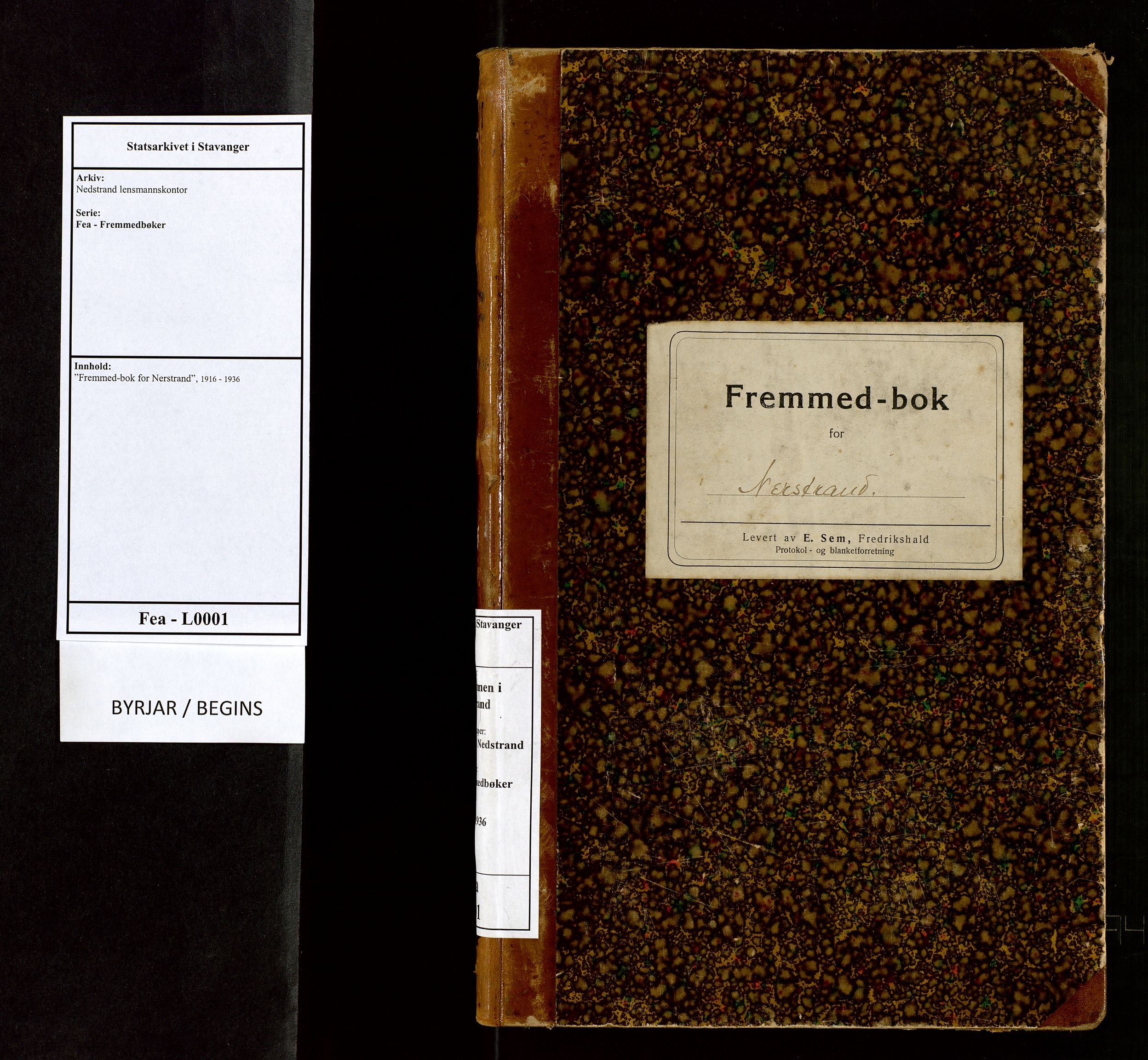 Nedstrand lensmannskontor, SAST/A-100236/Fea/L0001: "Fremmed-bok for Nerstrand", 1916-1936